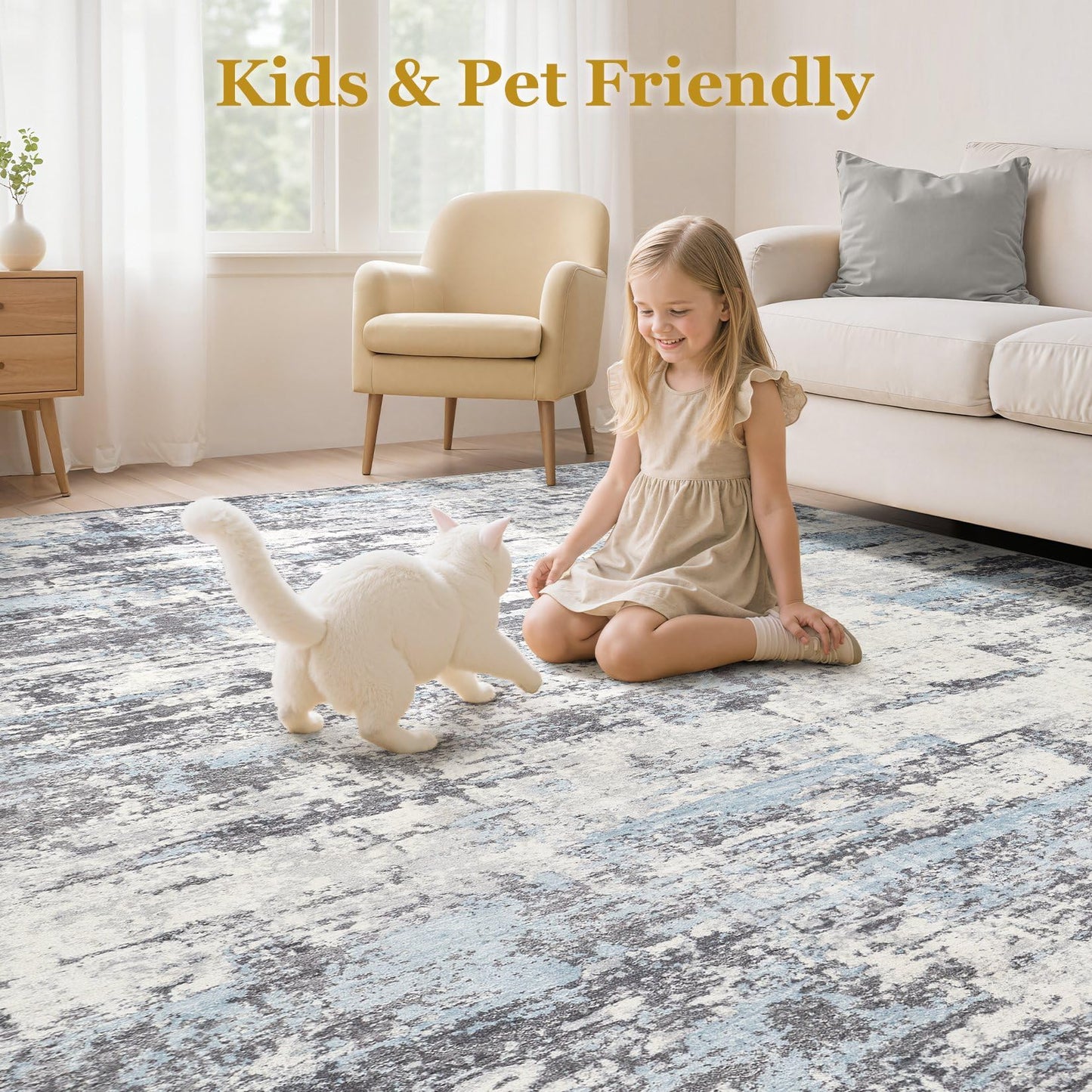 Area Rugs for Living Room: 8x10 Abstract Washable Rug Modern Neutral Large Soft Stain Resistant Non-Slip Backing Machine Table for Bedroom Dining Room Indoor Home Office Carpet - Blue Grey