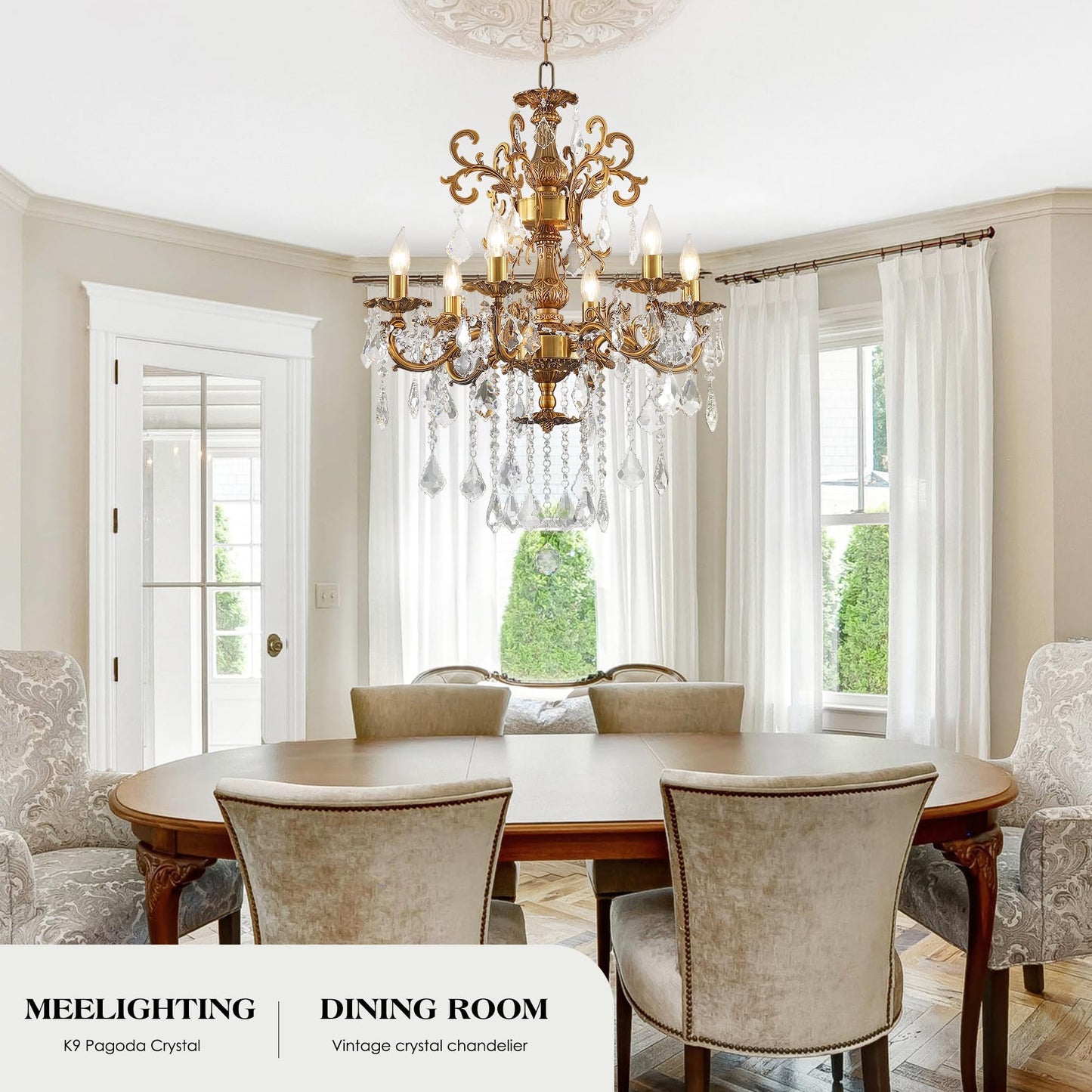 MEELIGHTING Luxury Antique Bronze Crystal Chandeliers with Candle Pendant Ceiling Light Fixture - 6 Lights Gold Crystal Chandelier for Dining Room, Living Room, Kitchen, Bedroom - D23 inch