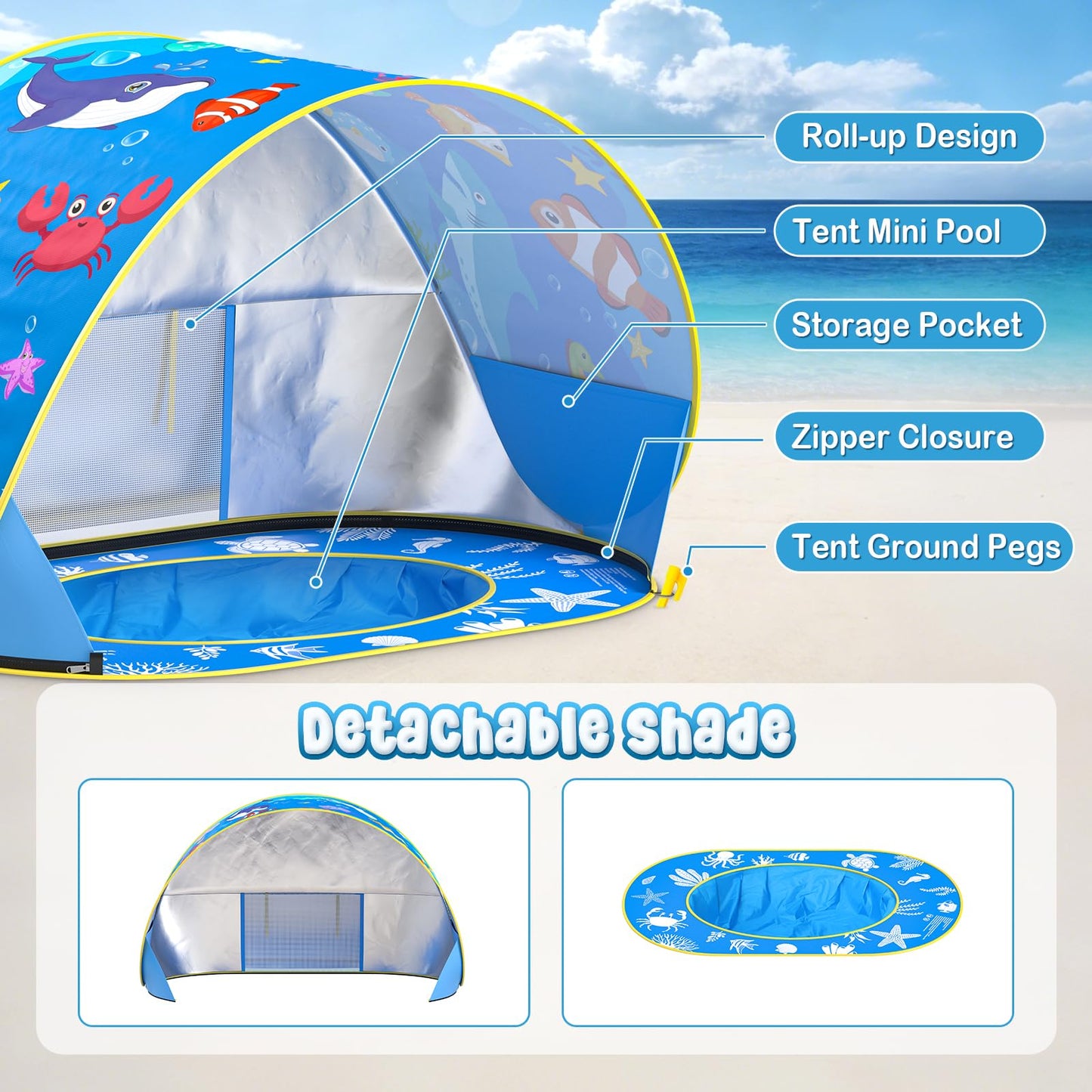 AZDYJL Baby Beach Tent with Pool, Pop Up Beach Tent UV Protection Sun Shelter for Infant Toddlers, Portable Shade Pool Tents Baby Beaches Essentials with Carry Bag for Outdoor, Travel, Camping