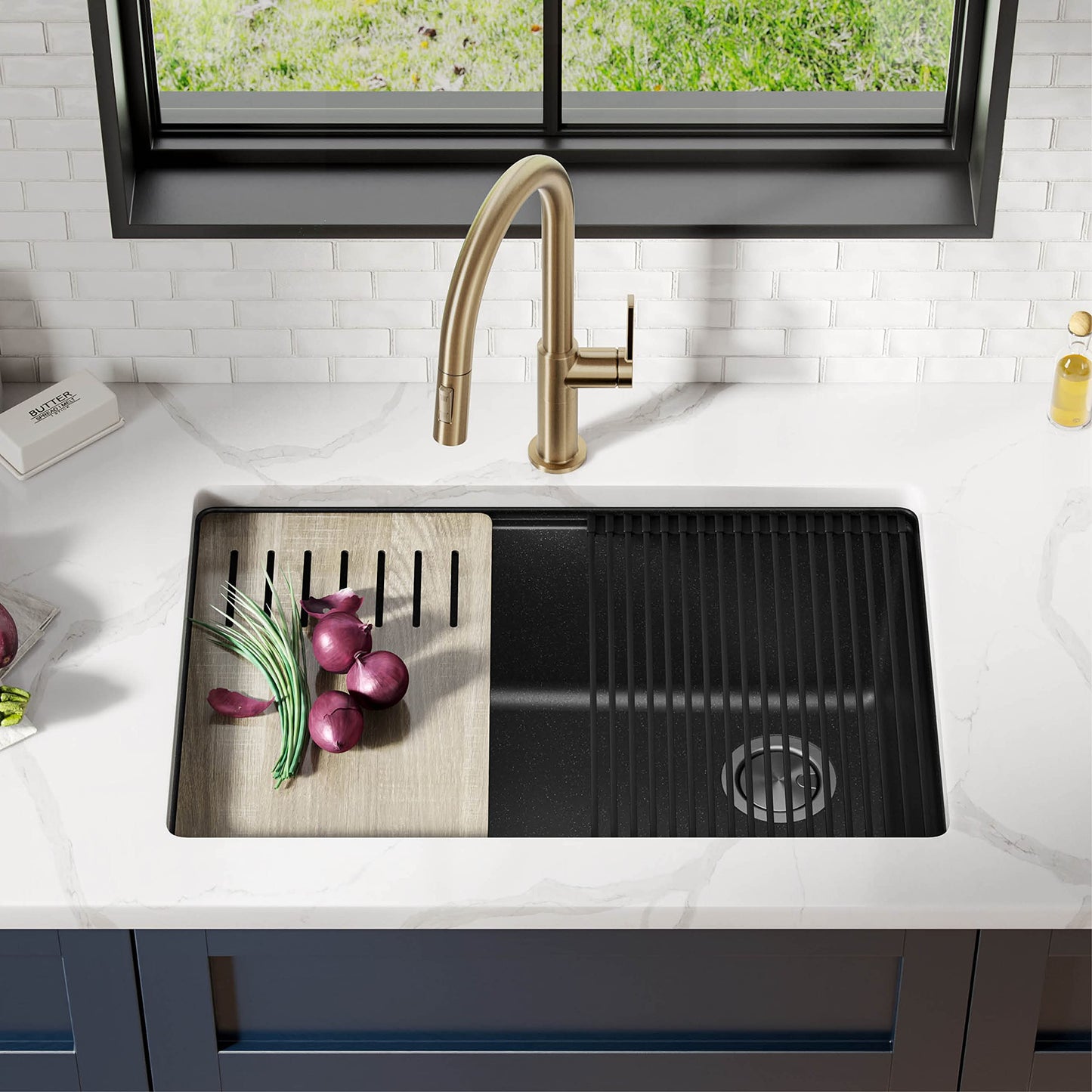 KRAUS Bellucci 30” in. Undermount Workstation Granite Kitchen Sink in Metallic Black with Accessories, KGUW2-30MBL