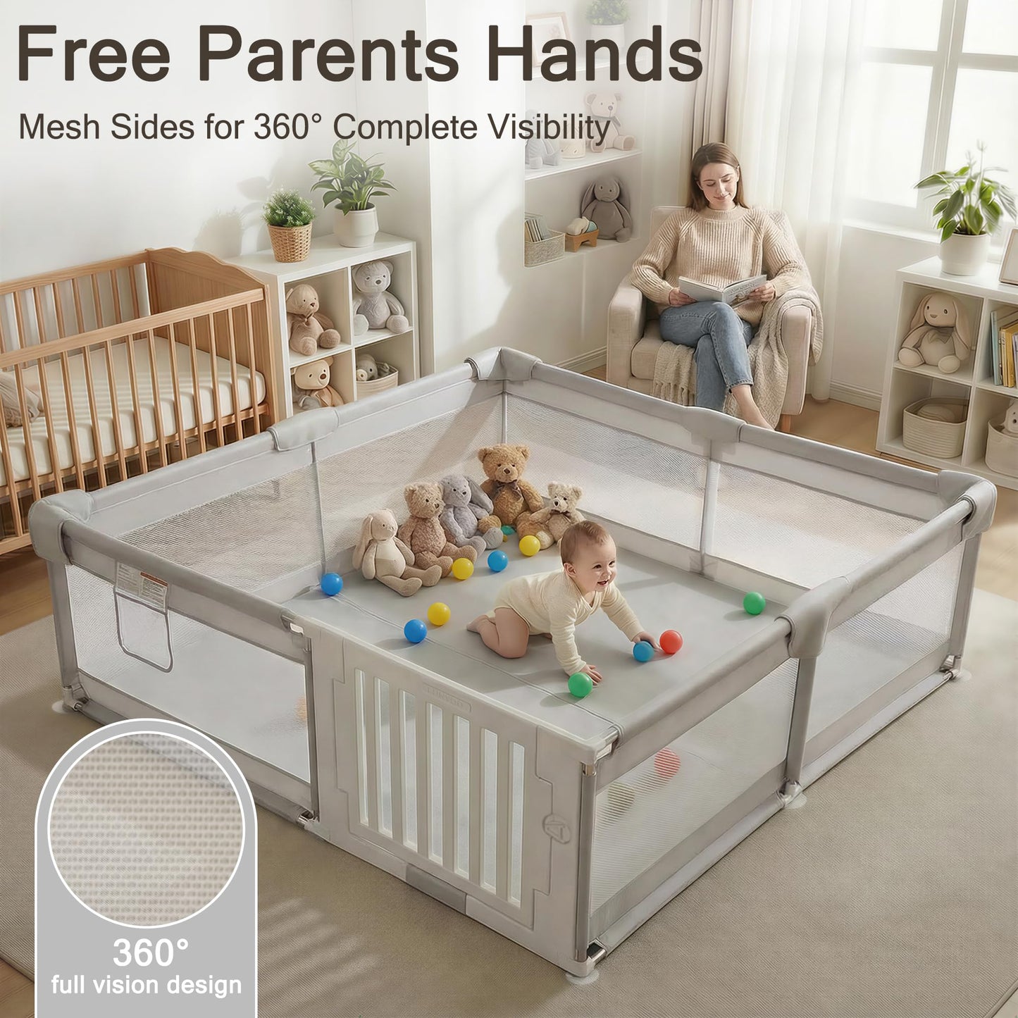 Funyoo 79" ×71" Baby Playpen with Gate, Large Baby Play Pen for Babies and Toddlers, Infant Fence Play Yard with Door for Living Room, Anti-Fall, Breathable Mesh
