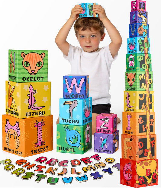 Atoylink Magnetic Alphabet Nesting Stacking Blocks for Toddlers, 10-Piece Educational Toys with ABC Letters, Numbers 0-9, 26 Animals, Sorting Storage Cubes for Kids Age 18 Months 6 Year