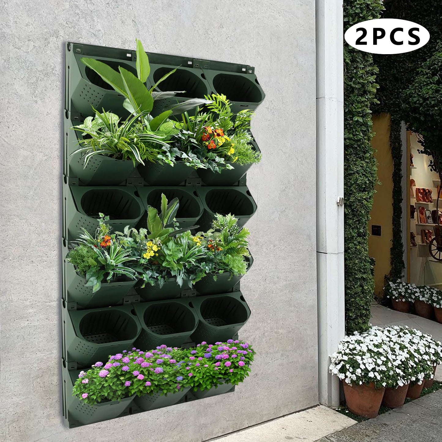 NEATOOM Wall Planter with 36 Pots, Wall-Mounted Indoor & Outdoor Flower Pot Holder, Vertical Garden Plastic Planter for Flowers, Vegetables, Grass (Army Green)