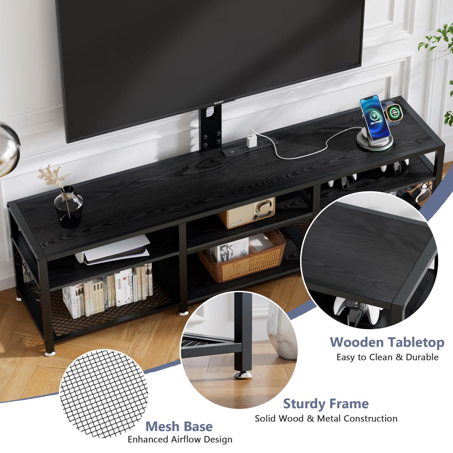 VECELO TV Stand with Mount and Power Outlets, Entertainment Center for 60/65/70/75/80 inch TVs, Height Adjustable Media Console with Storage Shelves, for Living Room, Bedroom, Black