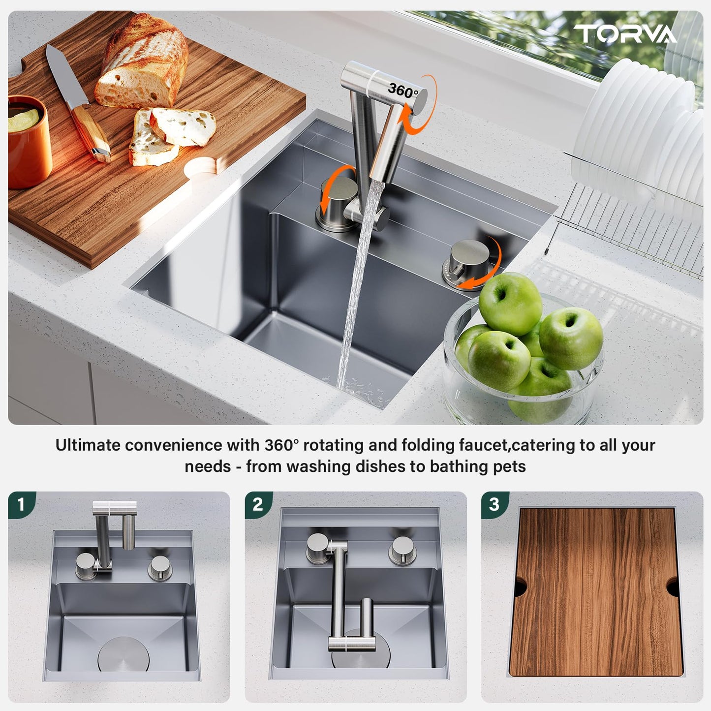 TORVA RV Kitchen Sink, 13 x 15 x 9 Inch Undermount Bar Sink 16 Gauge Stainless Steel Single Bowl Sink with Faucet Cutting Board, Grey