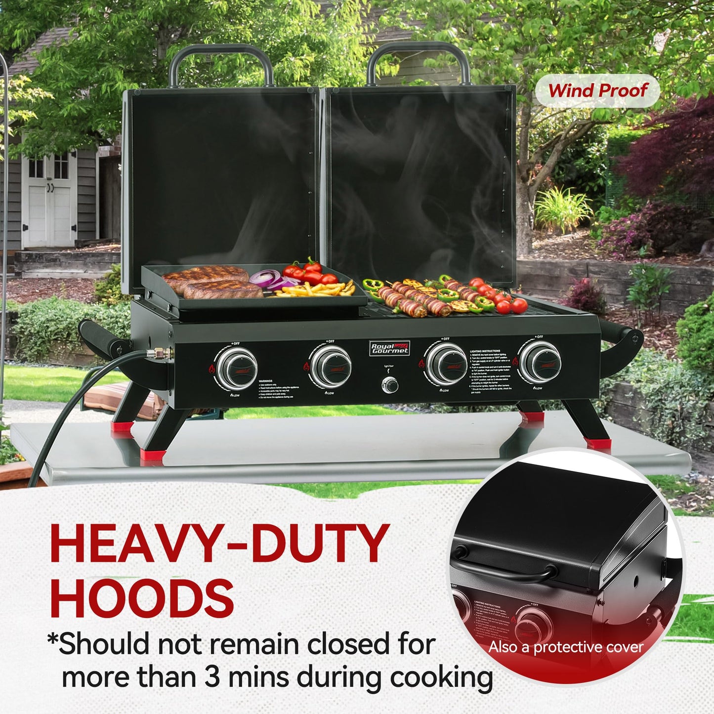 Royal Gourmet GD4002TP 4 Burner Propane Gas Grill and Griddle Combo with Hood, 2-in-1 Portable Grill Griddle Combo with 40,000 BTUs Output for Camping, Tailgating, Backyard, Black