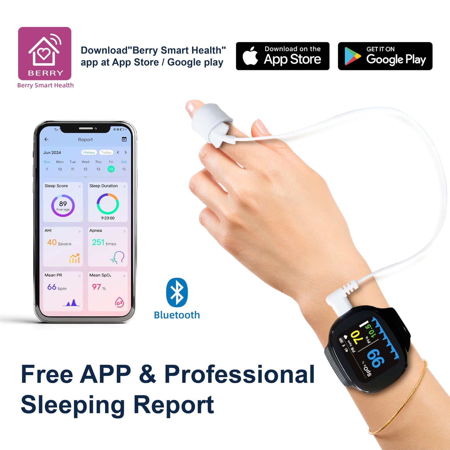 Pepultech Wrist Sleep Pulse Oximeter, Rechargeable Continuous SpO2 & Heart Rate Monitor with Buzzer Reminder, Bluetooth Blood Oxygen Saturation Tracker with Free APP Report,for Sports & Aviation Use