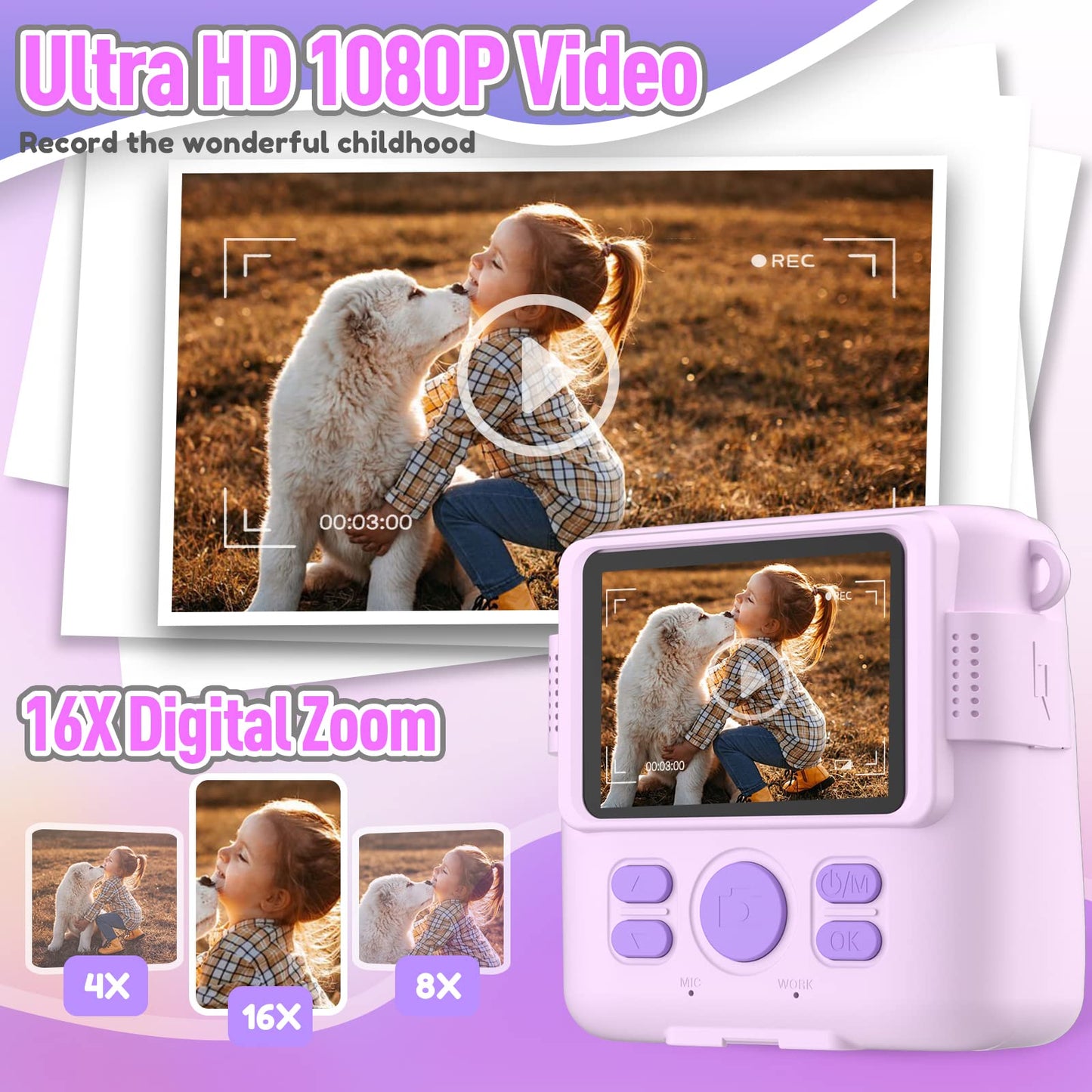 ESOXOFFORE Instant Print Camera for Kids, Christmas Birthday Gifts for Girls Boys Age 3-12,Kids Digital Cameras for Toddler, Portable Toy for 3 4 5 6 7 8 9 10 Year Old Girl with 32GB SD Card-Purple