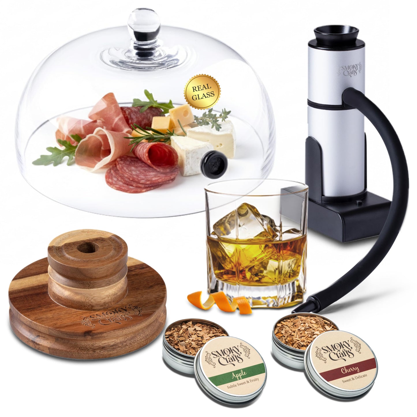 Smoky Crafts Food and Drink Smoker Kit with Smoke Gun, 8" Smoking Cloche Glass Dome, Acacia Cocktail Smoke Top and Wood Chips (Apple & Cherry) - Whiskey Smoker Kit - Gifts for Men