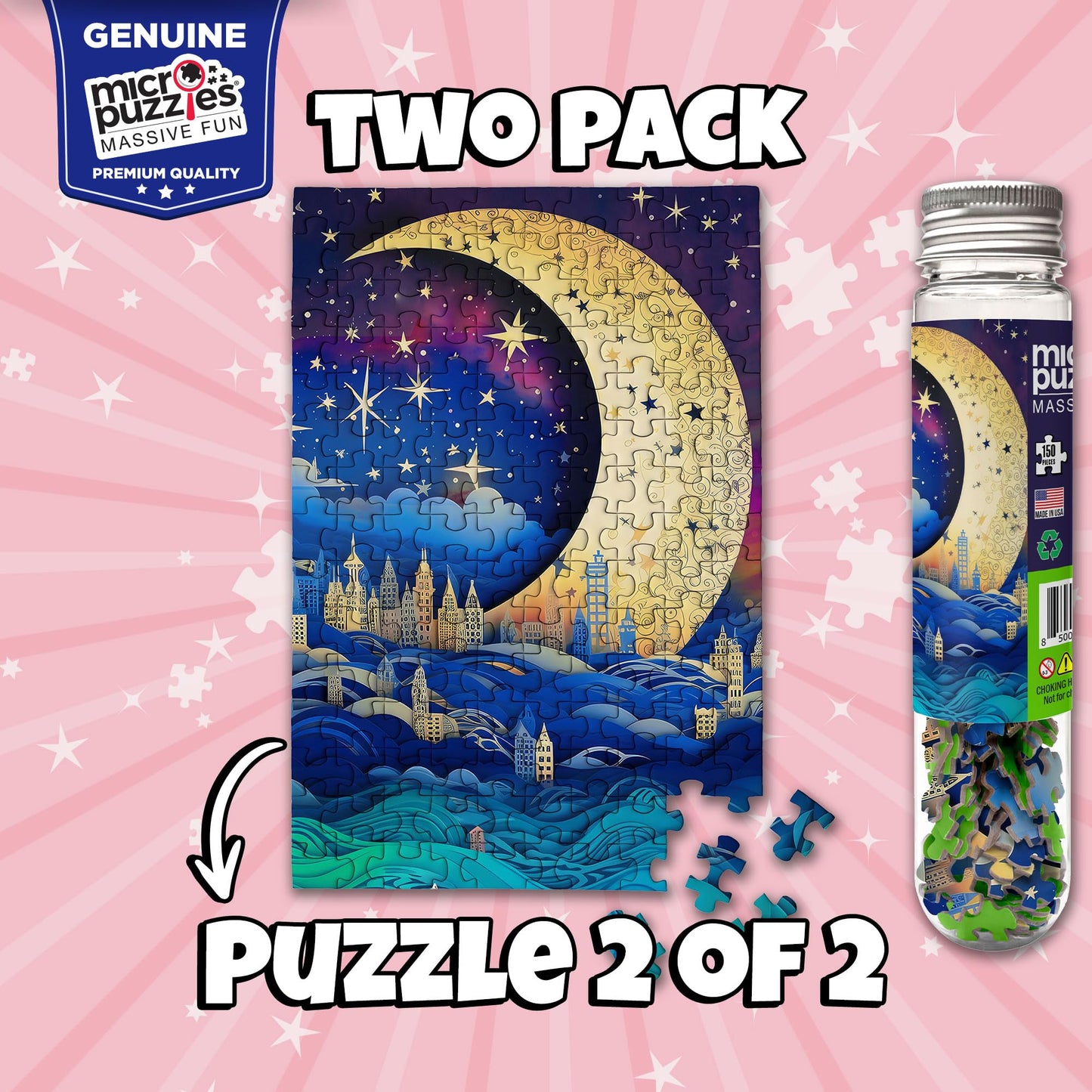 MicroPuzzles “City & Moon Scape” Mini Jigsaw Puzzle 2-Pack – 150-Piece Night-Skyline Travel 4×6 in Puzzle Gift | Made in USA | Small Business