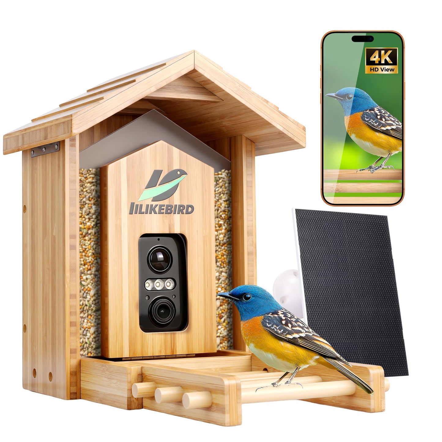 Bamboo Smart Bird Feeder with 4K Camera, AI Bird Identification 10000+ Species, Solar Powered & USB-C Charging, IP65 Weatherproof, 1.25L Speed Capacity for Outdoor Garden (Wall Mount/Pole) (Large)