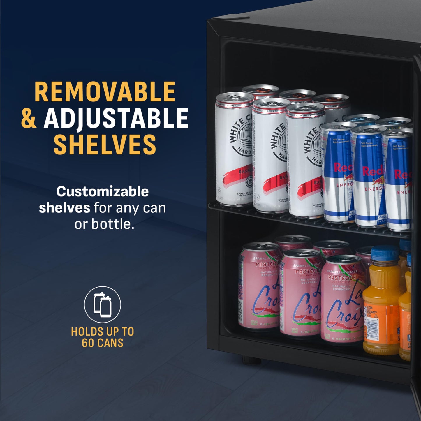NewAir 60 Can Beverage Refrigerator | Compact Freestanding Mini Fridge for Bedroom, Dorm, Office or Gaming Room | Glass Door, Adjustable Shelf & Quiet Cooling | Black
