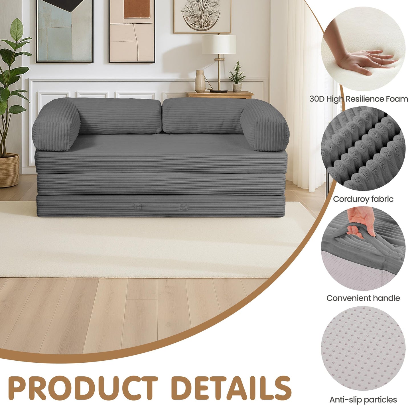 NLDD Convertible Sofa Bed,5-in-1 Tri-Fold Boneless Couch with Removable Armrests & Handle,Corduroy Futon Sleeper Sofa,Floor Folding Mattress Pull Out Bed for Small Space Apartment Living Room Bedroom