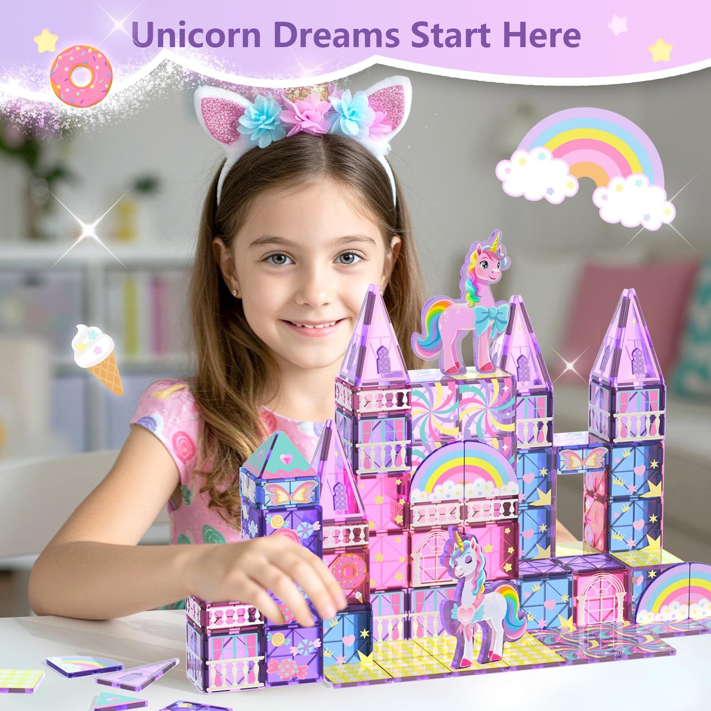 GobiDex Magnetic Building Blocks Unicorn Toys for Girls, Princess Magnetic Tiles Building Toys for Kids Ages 3-5 4-8, STEM Sensory Toddler Game Birthday Gift for Girls Boys Ages 3+