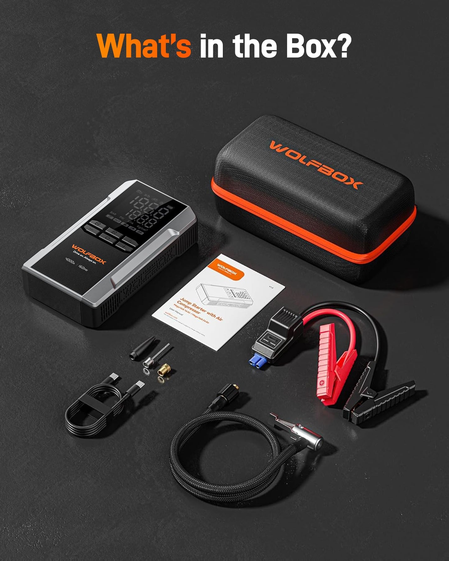 WOLFBOX 4000A Jump Starter with 160PSI Air Compressor, 12V Car Battery Booster, 65W Fast Charge, 88.8Wh Portable Tire Inflator, LED Display for 10L Gas & 10L Diesel Engines, LED Light, Jumper Cables