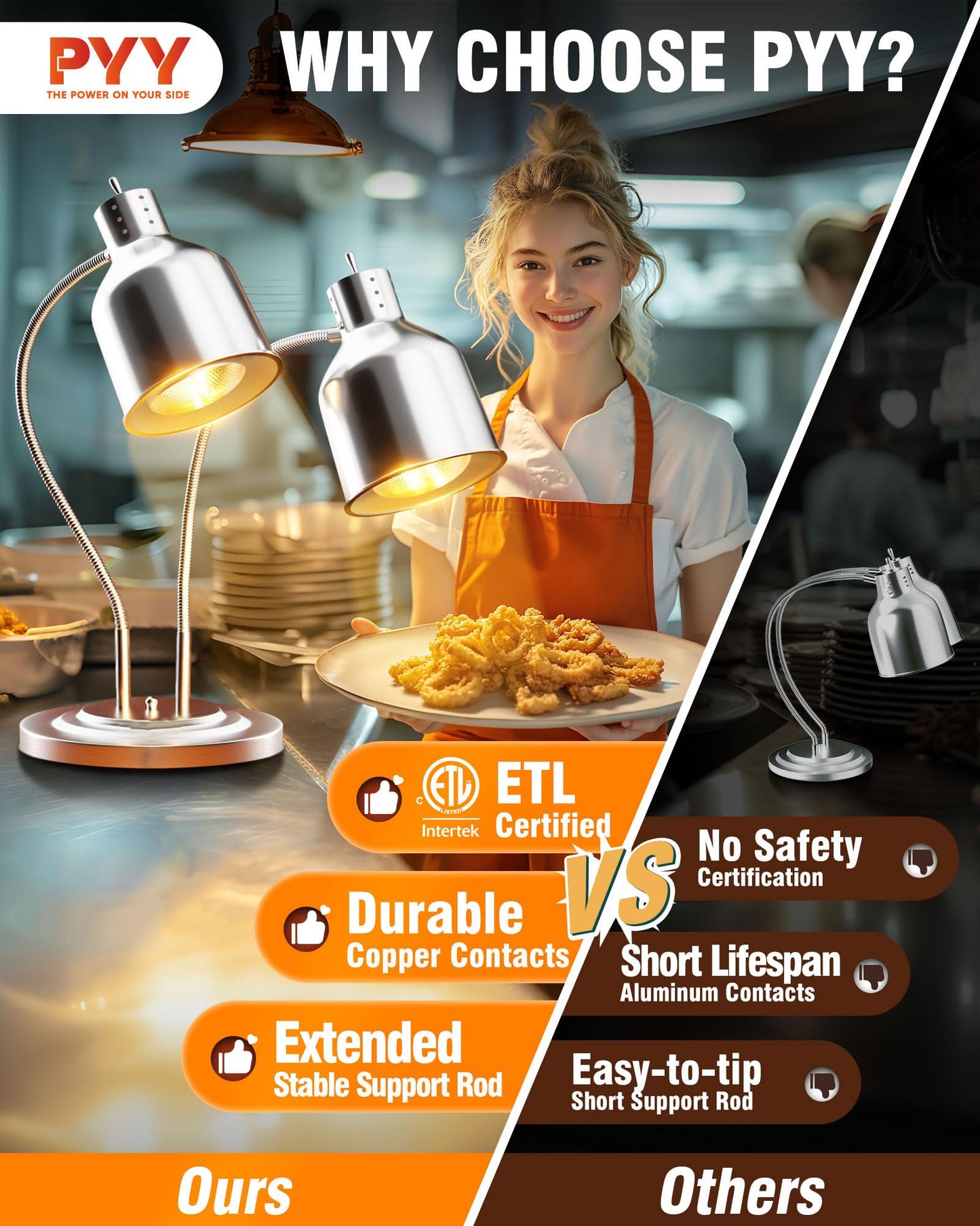 PYY Commercial Food Warmer - 2-Head Electric Heating Lamp 500W Stainless Steel Food Warmer Lamp Catering Food Warming Lamp w/Spare Bulb for Catering Kitchen Food Service Restaurant Cafeteria
