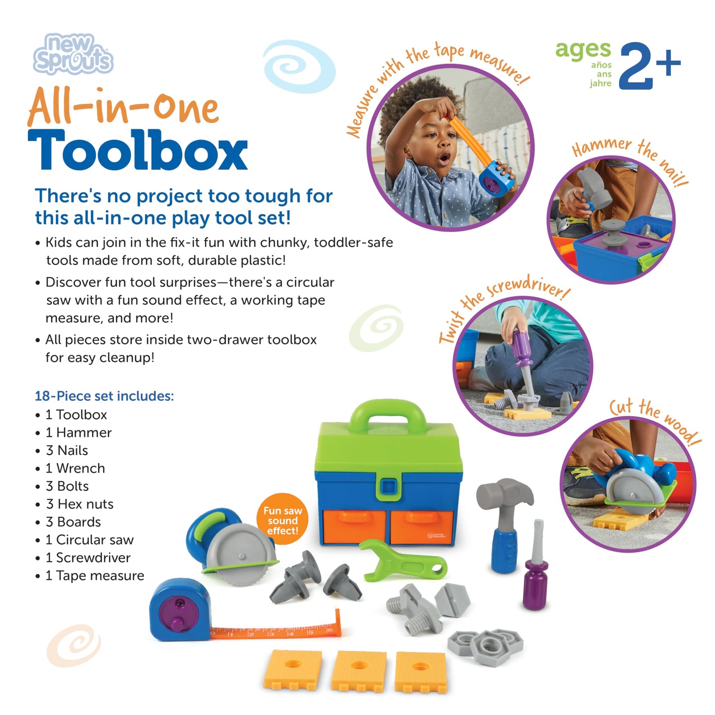 Learning Resources New Sprouts All-in-One Toolbox - Kids Tool Set, Toddler Toys, Fine Motor Skills, Pretend and Play Construction Box, Montessori Drill and Screw Toys, Gifts for Boys and Girls