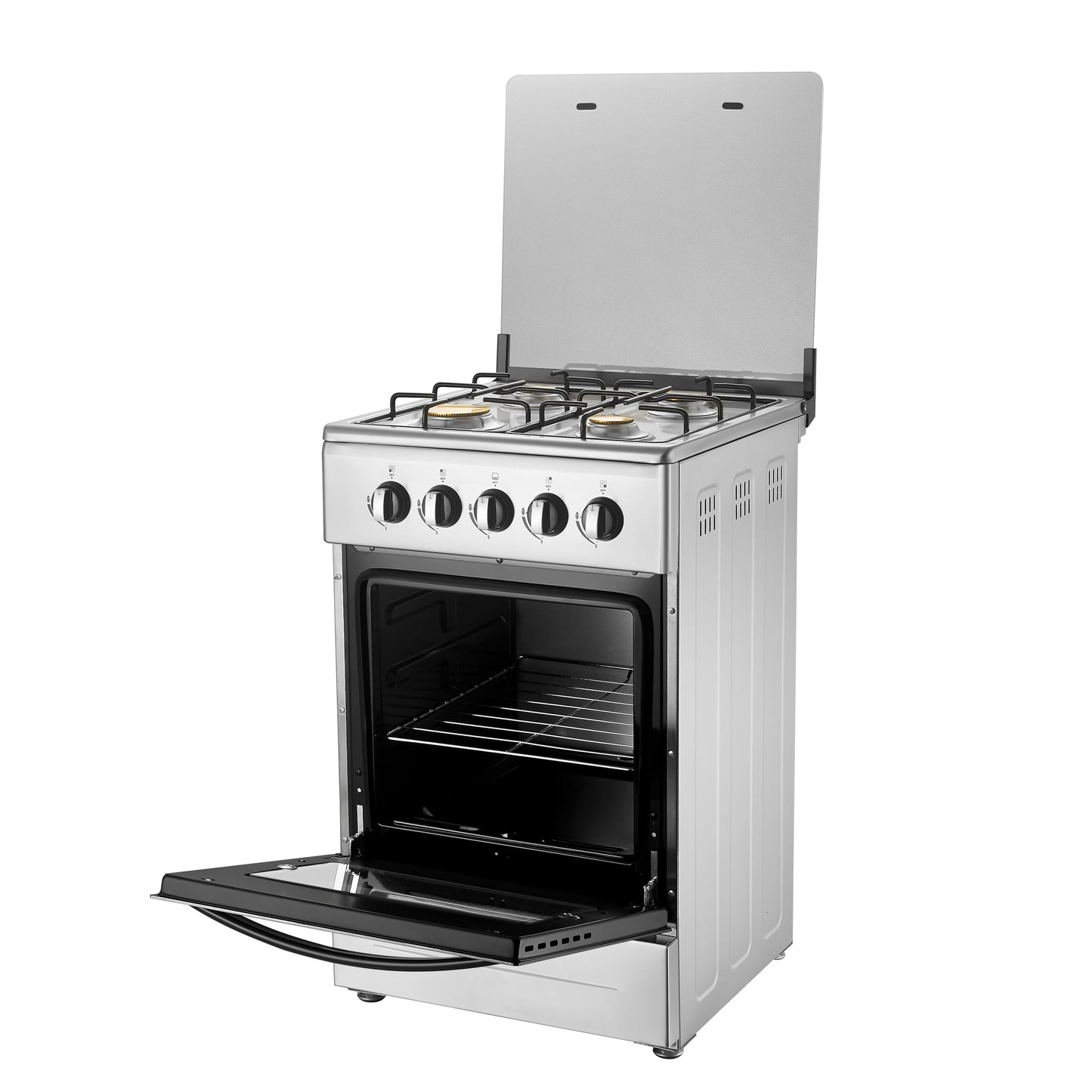 20" Free Standing Gas Stove Oven Range,4 Burner LPG Cooktop with 65L Oven, 201 Stainless Steel Body, Double Layer Mirror Surface Tempered Glass Door, Compact Design for Kitchen (NG-LPG Conversion Kit)