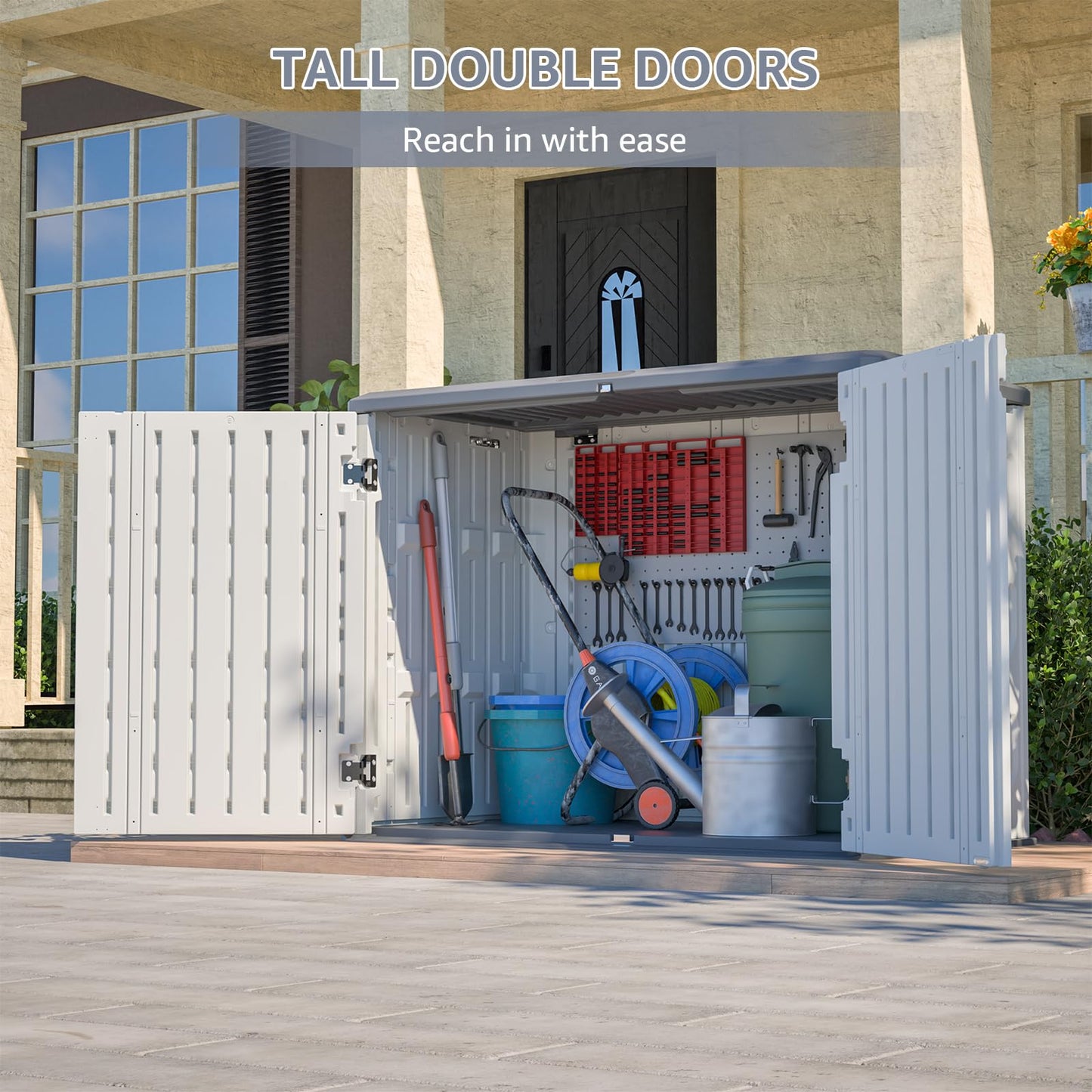 Storage Shed with Floor Included, Waterproof Resin Shed Cabinet, Outdoor Storage Cabinet for Backyard Garden, Plastic Tool Organizer, One-Tier Interior Storage Without Divider Panels, Outside Sheds