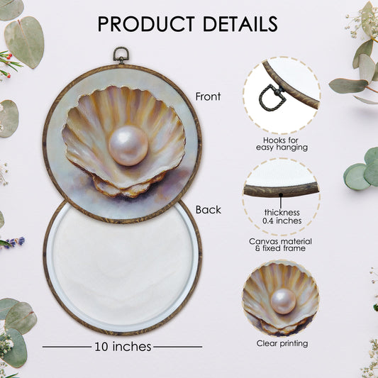 KFXHANGD Vintage Seashell Round Wall Art Framed, Coastal Shell Canvas Wall Art Decor, Coastal Sea Shells Hanging Decor for Bathroom Bedroom, 10x10inch