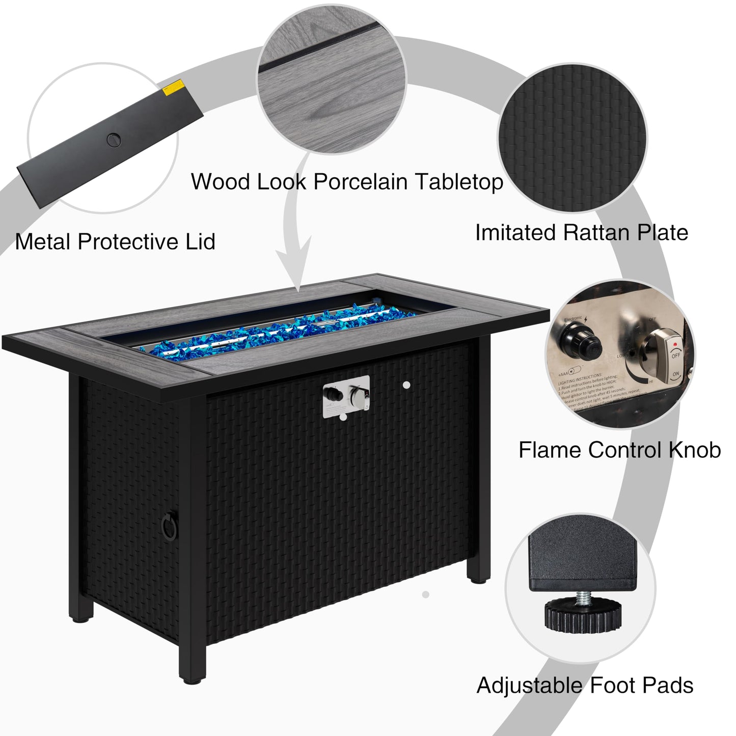 Meilocar 45in Fire Table, Propane Fire Pit with Glass Wind Guard and Rain Cover, Outdoor Firepit Table 50000 BTU 3-in-1 Fire Table for Patio/Yard/Balcony, Gray Tabletop