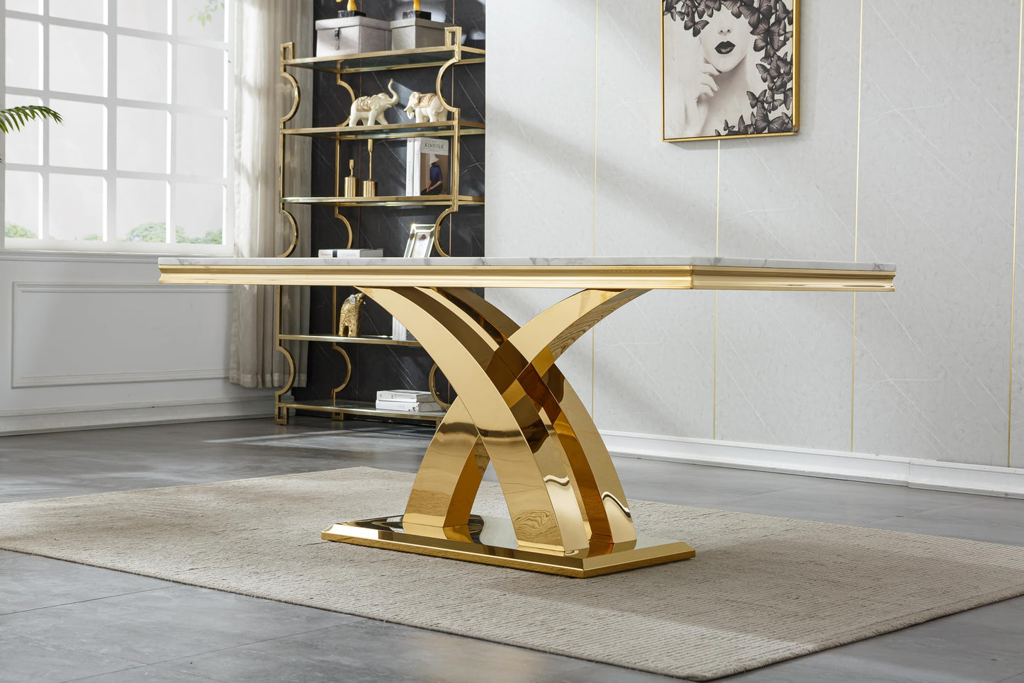 Pvillez 68.11" Marble Dining Table Set, White Dining Table with 6 Green Velvet Chairs, Rectangle Kitchen Table and Chair Set with Gold Stainless Steel Base, Luxury 7 Piece Dining Set for Kitchen