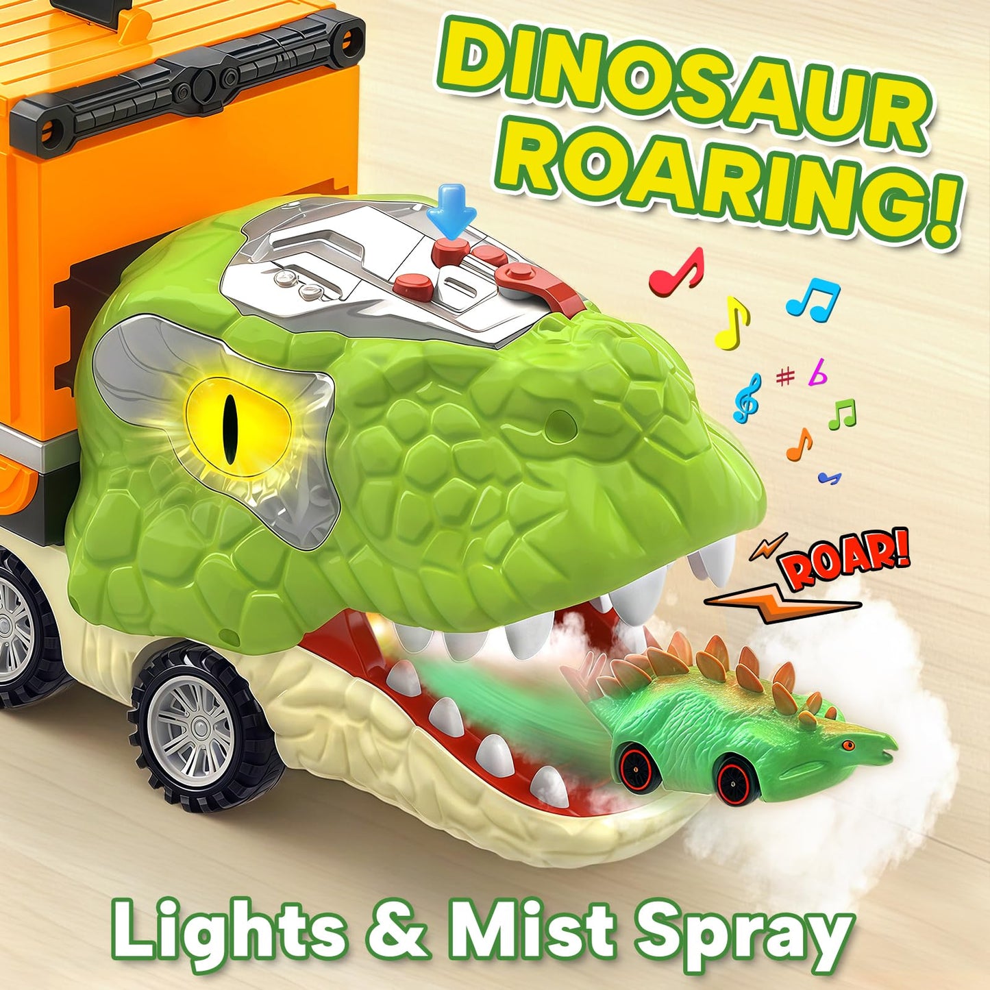 Dinosaur Carrier Truck Race Track Toys for Kids 3-5, Large Toy Cars Track Set with 8 Small Dinosaur Cars, T-Rex Transport Carrier, Christmas Birthday Gifts for 3 4 5 6 7 Year Old Toddler Boys Girls