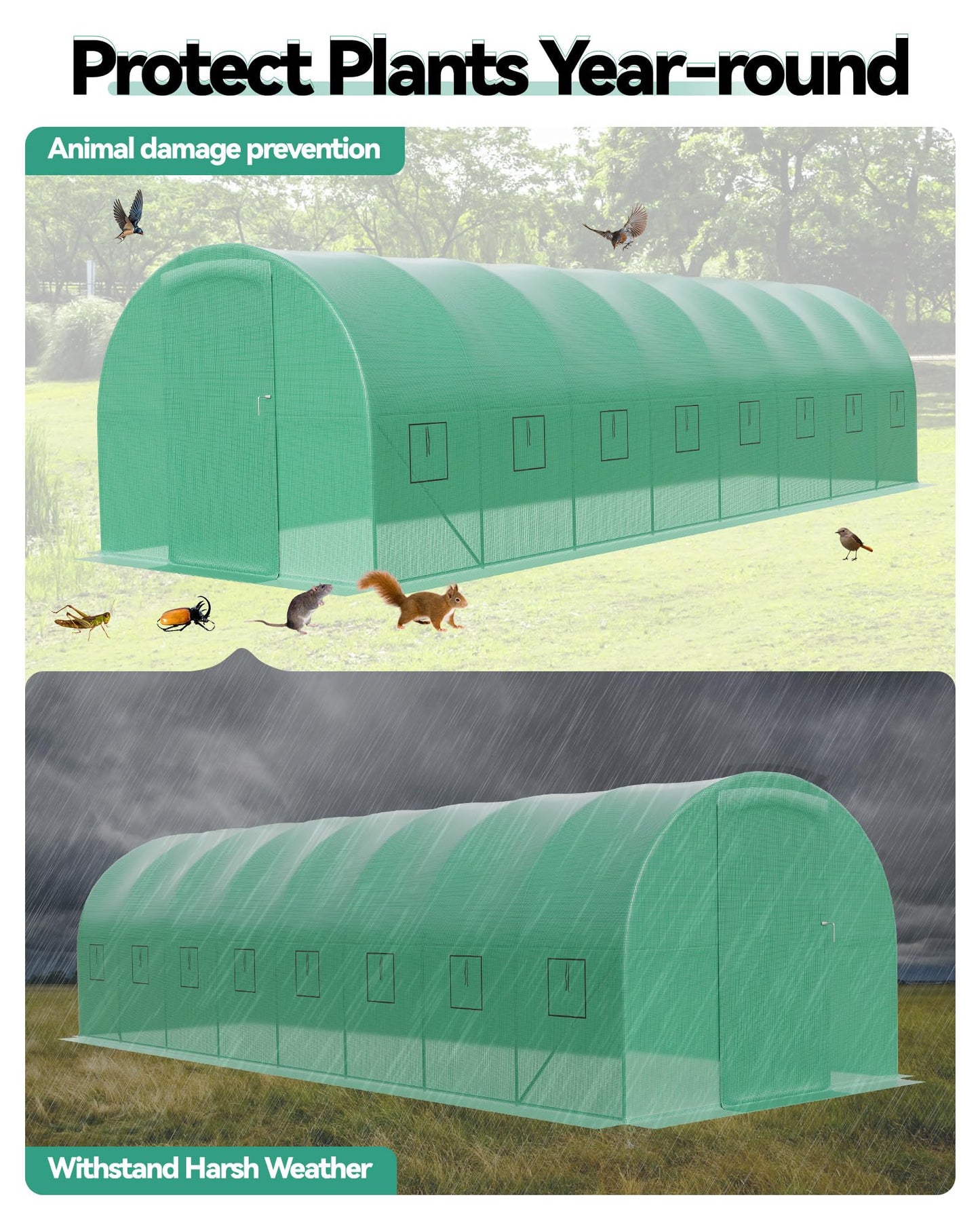 Large 27x10x7 FT Outdoor Walk-in Greenhouse with Swing Door, 16 Mesh Windows, Heavy-Duty Galvanized Steel Frame and Thick PE Cover, Green Garden Plant House for Backyard Gardening