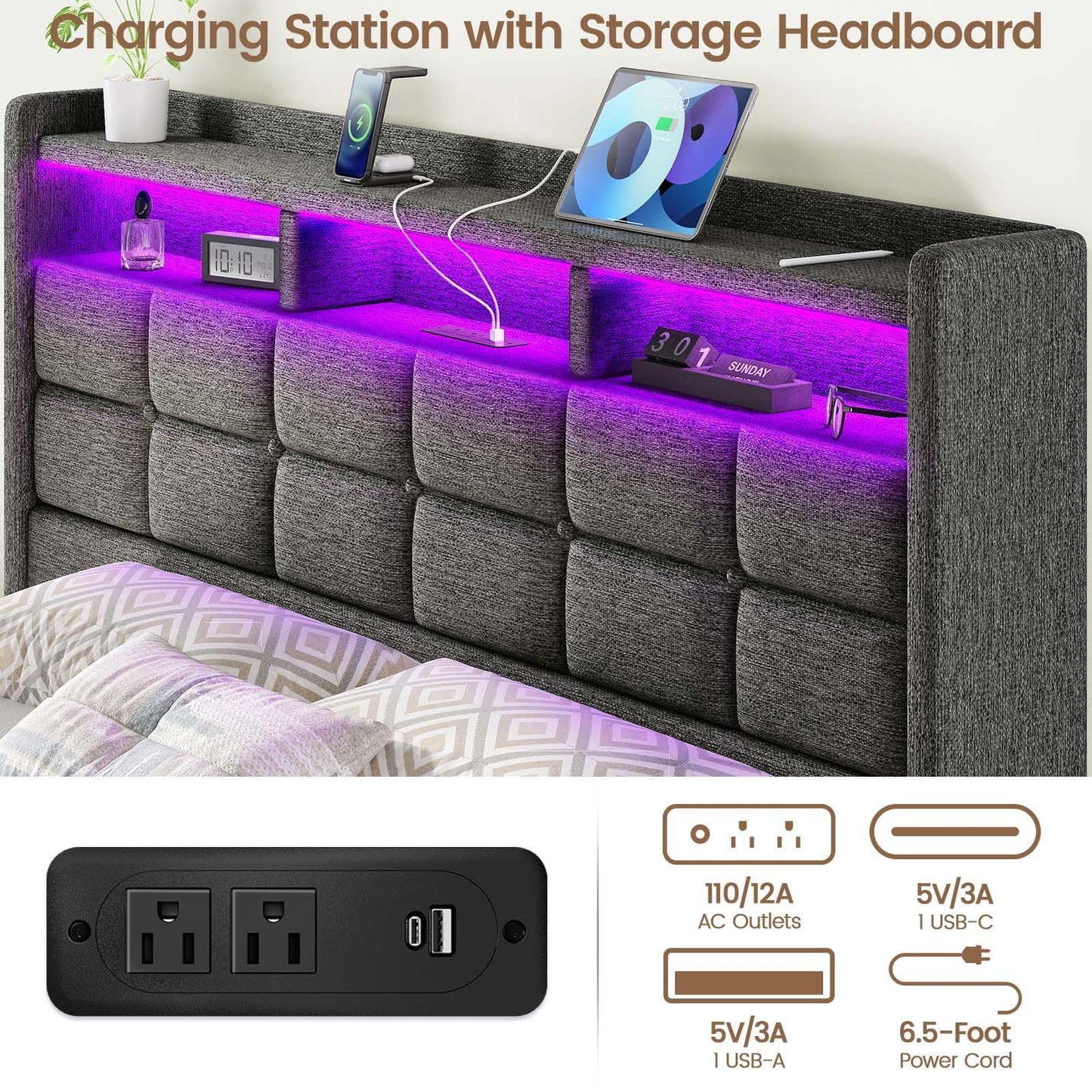 Driftalia Lift Up Queen Bed Frame with Storage, Upholstered Bed Frame Queen Size with LED Lights Headboard and Charging Station, No Box Spring Needed, Easy Assembly - Dark Grey