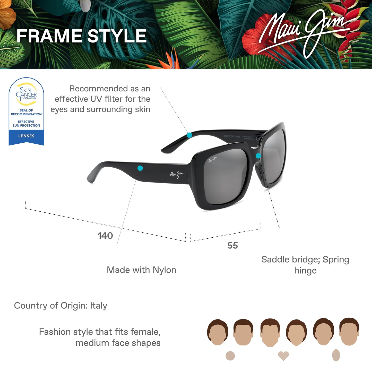 Maui Jim Women's Two Steps Polarized Fashion Sunglasses, Black Gloss/Neutral Grey, Medium
