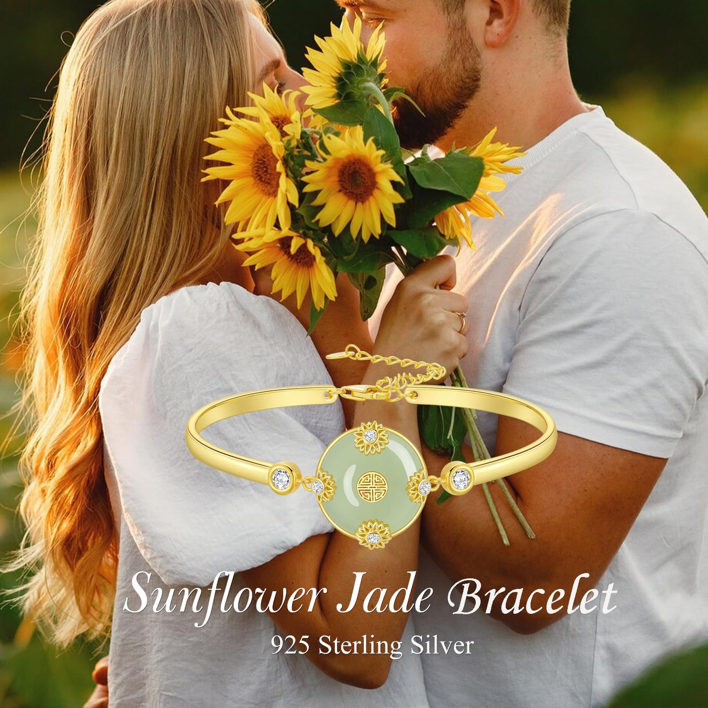 HPQQ Jade Bracelet for Women 14k Gold Plated Sterling Silver Sunflower Bracelet Bangle Jade Jewelry Birthday Mothers Day Gifts for Mom Wife