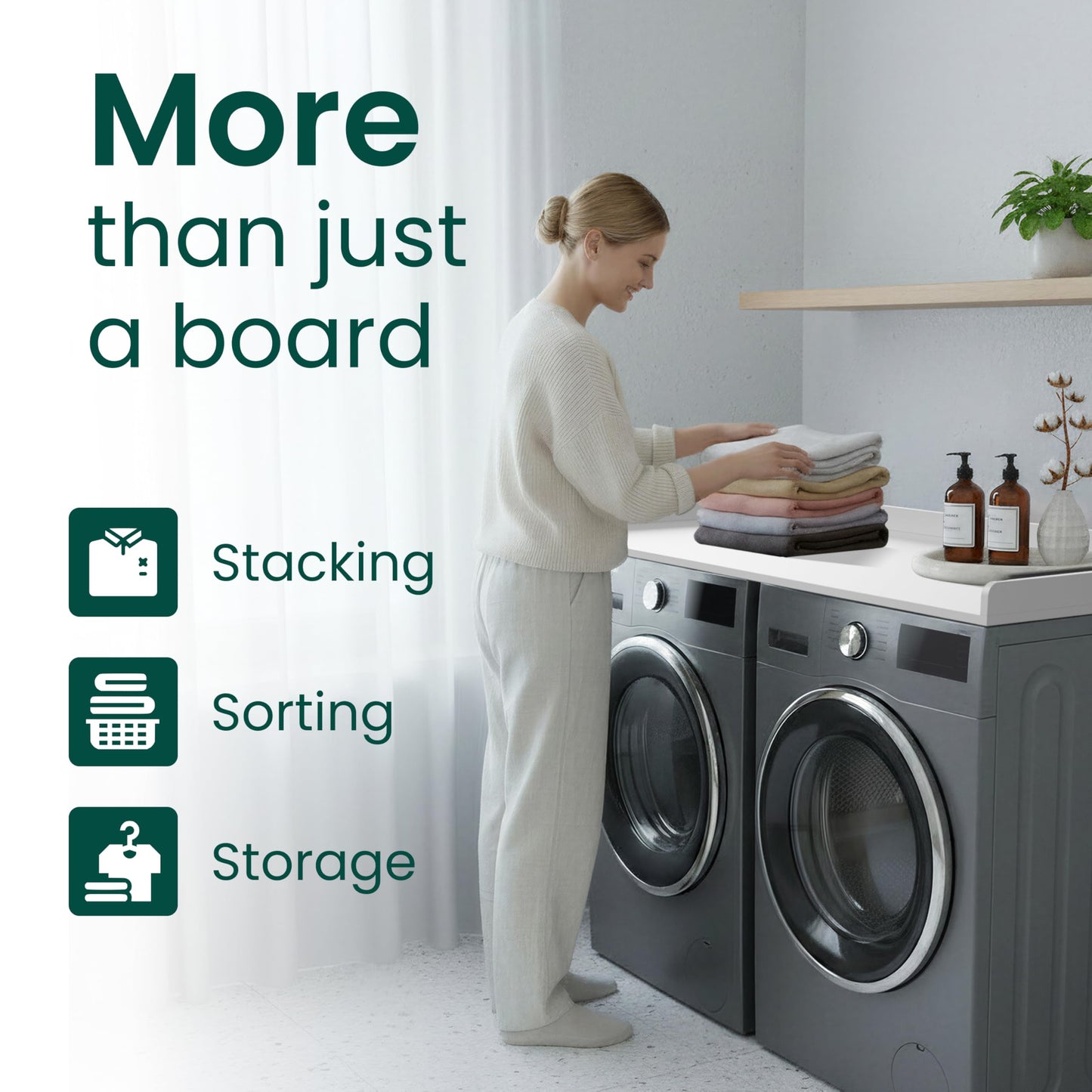 NORTH BLOOM Premium Washer Dryer Countertop 54" W x 27.5" D x 3.1" H, One Piece Solid Board Laundry Room Topper with Edge Rails, Washing Machine Top, Painted Finish, Anti-Slip Feet (White Color)