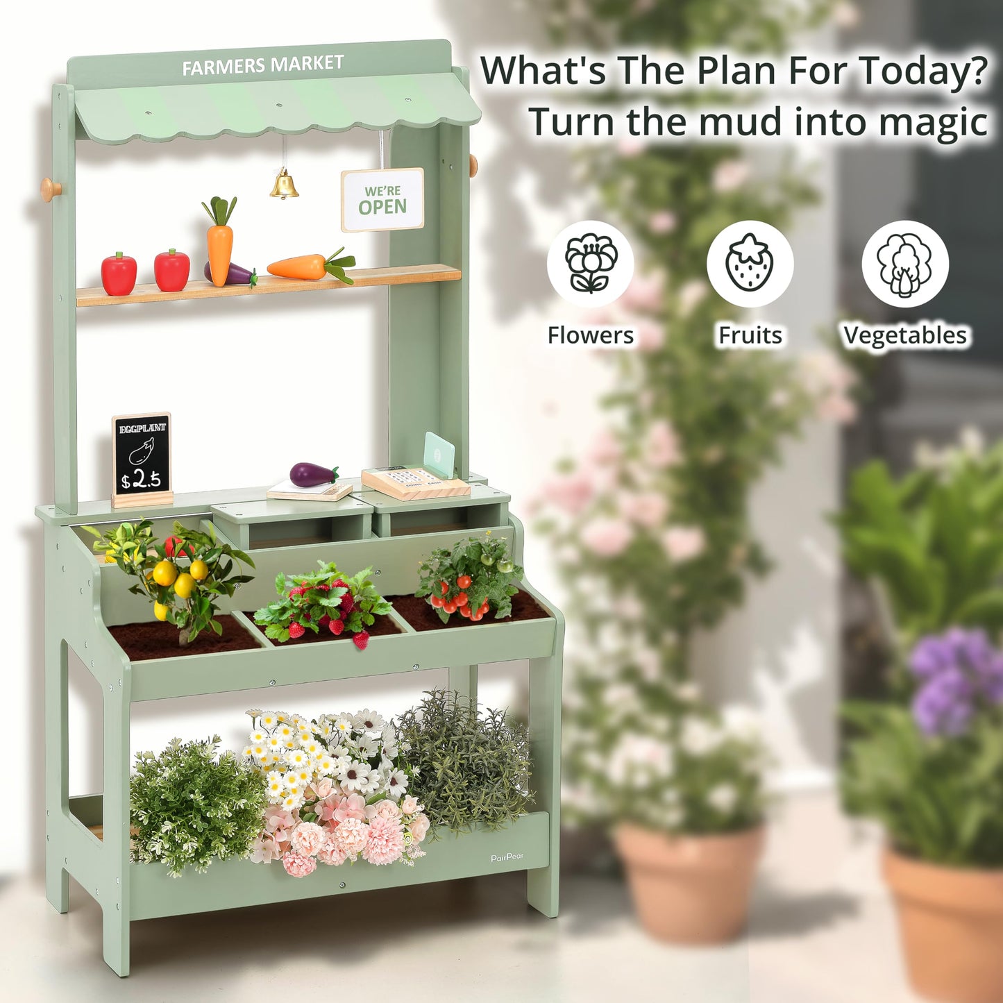 PairPear Wooden Mud Grocery Stand, 2-in-1 Outdoor Market Stand & Mud Kitchen for Kids Outdoor, Montessori Pretend Play Toy with 14 Accessories, Cash Register & Play Food, Ages 3+ in Green