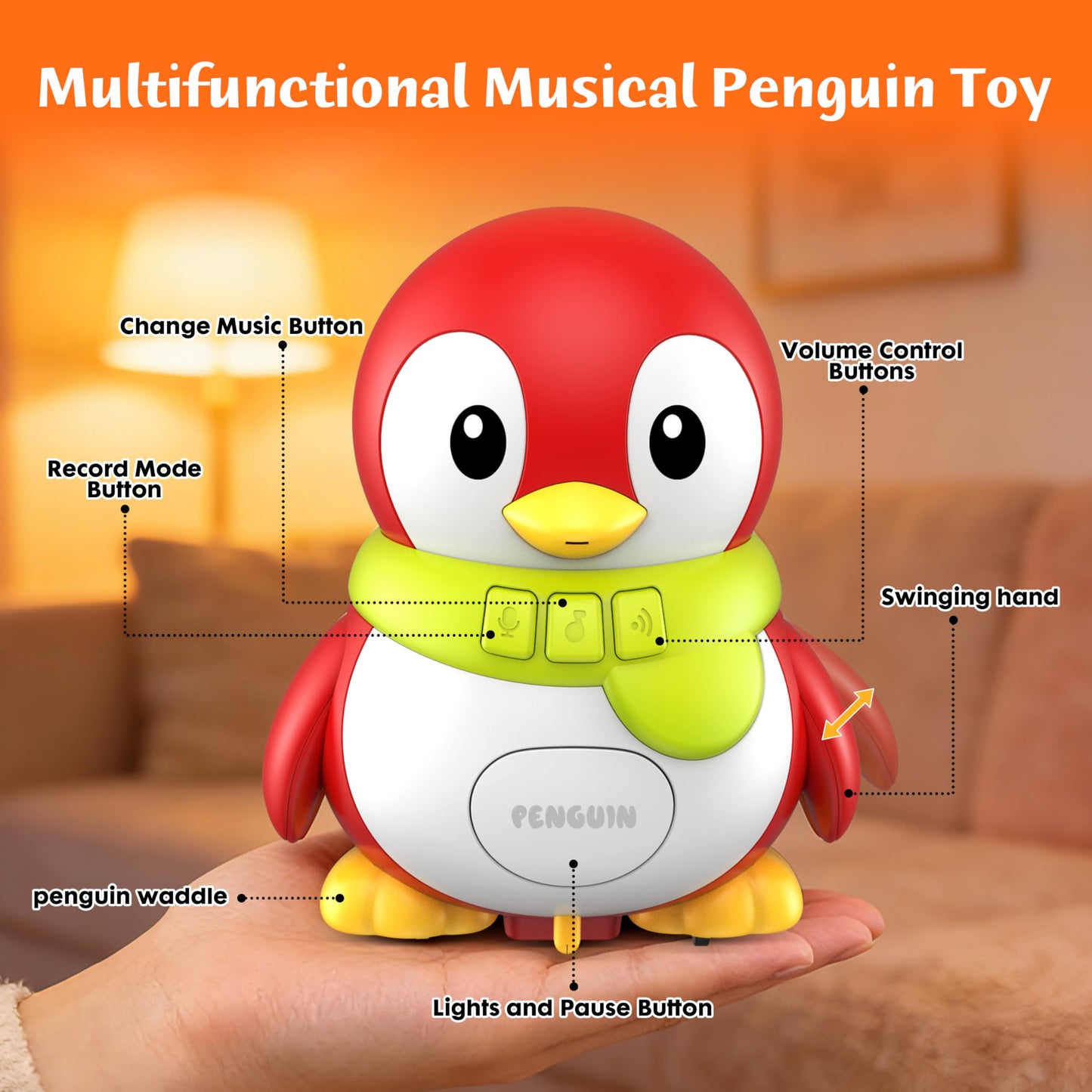 Baby Toys 6-12 Months, Musical Red Penguins Crawling Infant Toys, Early Learning Toy for Tummy Time with Light & Sound, Birthday Gifts for Babies Newborn Boys Girls 6 7 8 9 10 11 Months 1 Year Old