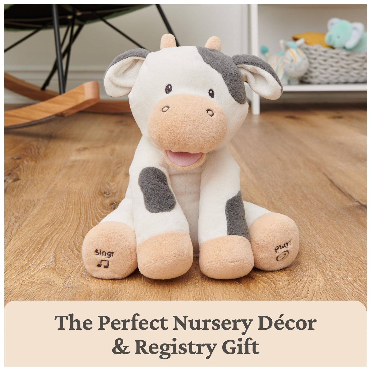 GUND Baby Buttermilk the Cow Animated Plush, Singing Stuffed Animal Sensory Toy, Sings Old Macdonald and Teaches Animal Sounds, Cream/Grey, 12”