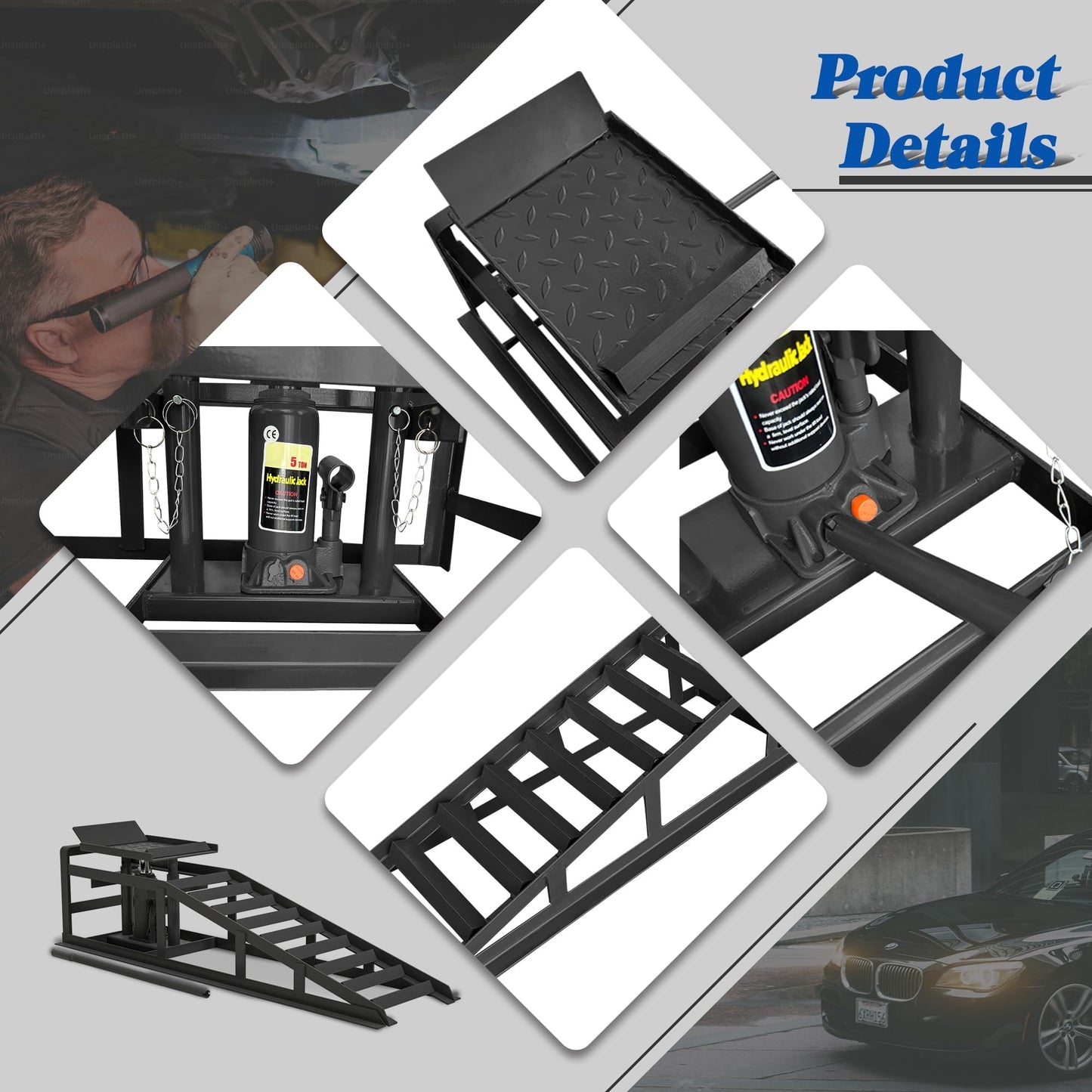 2 Pack Hydraulic Car Ramps 5 T 10000 LBS Low Profile Car Lift Service Ramps Truck Trailer Garage,Height Hydraulic Vehicle Ramps
