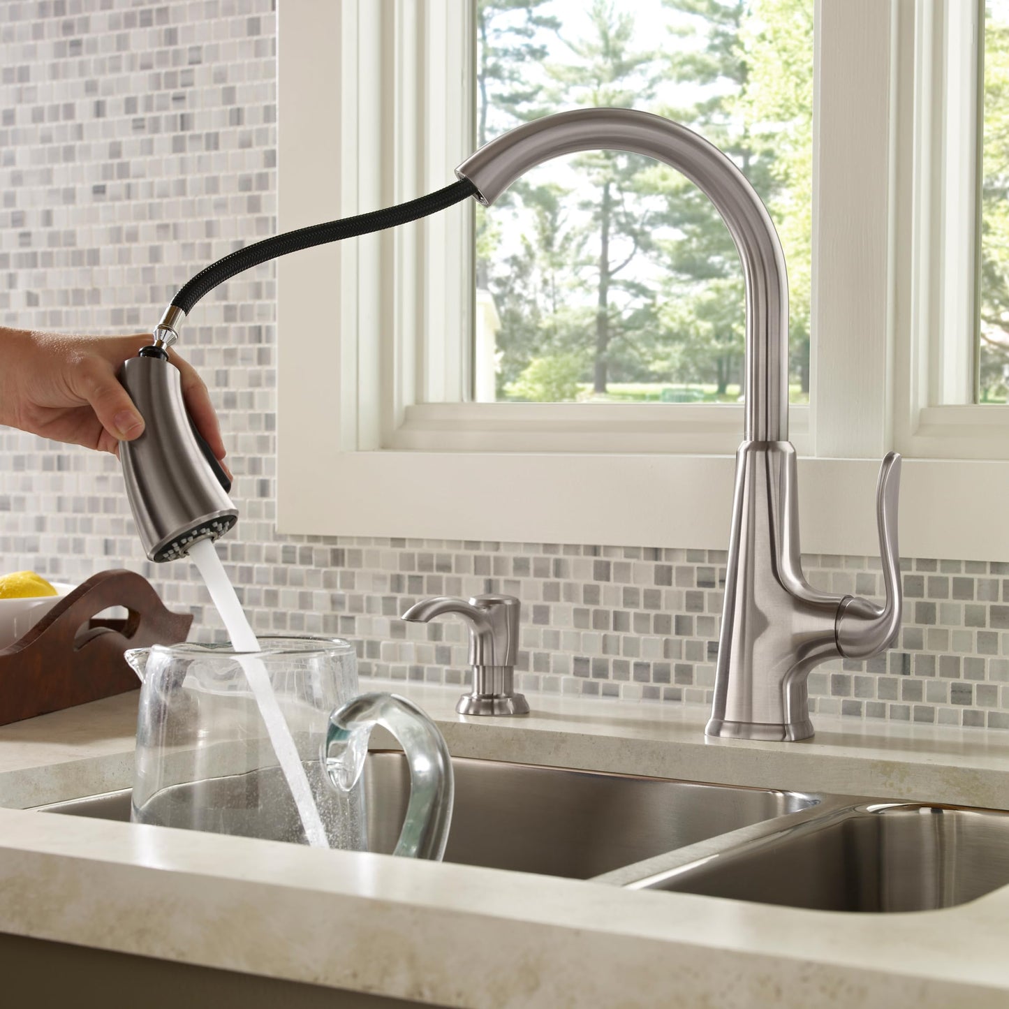 Pfister Pasadena Kitchen Faucet with Pull Down Sprayer and Soap Dispenser, Single Handle, High Arc, NSF Certified, Stainless Steel Finish, F5297PDS