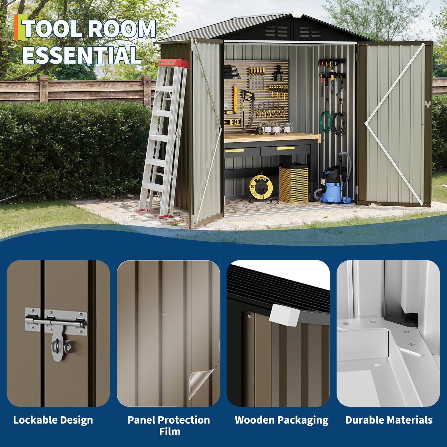 6x4 FT Outdoor Storage Shed, Garden Tool Storage Shed with Sloping Roof and Double Lockable Door, Outdoor Sheds with Panel Protection for Backyard Garden Patio Lawn