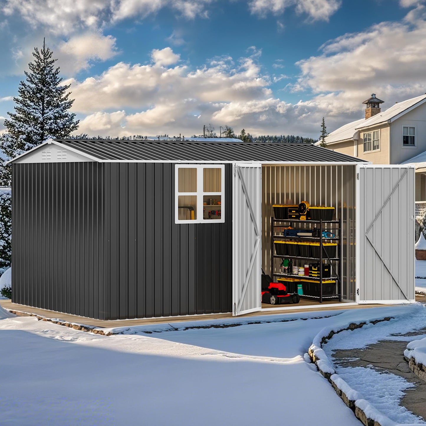 DWVO 12x8ft Large Tool Storage Shed with Window, Lockable Doors, and Sloped Roof, Oversized Steel Outdoor Storage Shed for Garden, Patio, Garage, Backyard, Lawn(Gray + White)