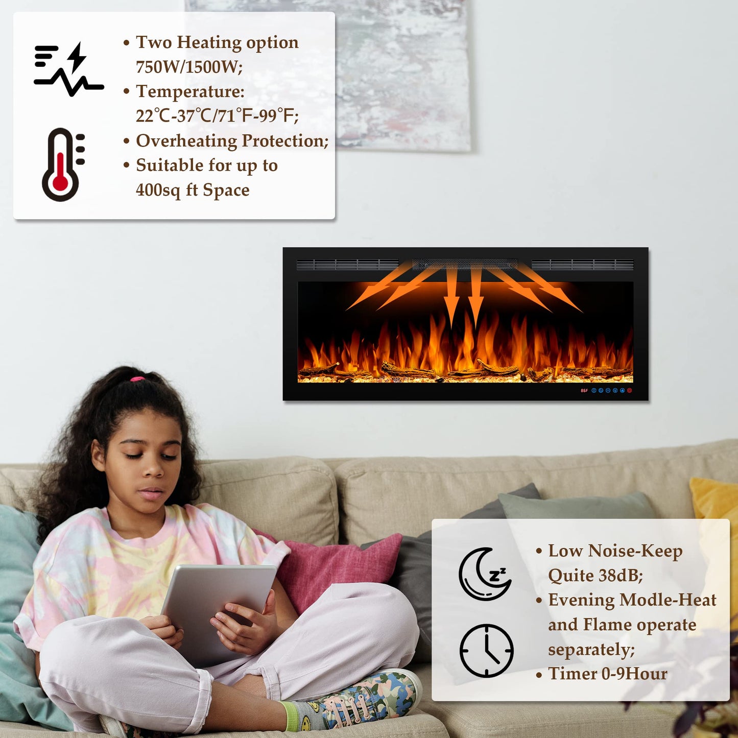 Dreamflame 40inch Electric Fireplace, Recessed& Wall Mounted Fireplace Heater with Larger Screen, Colorful Flame Warm and Decorate Home with Remote Control, 750W/1500W, Black