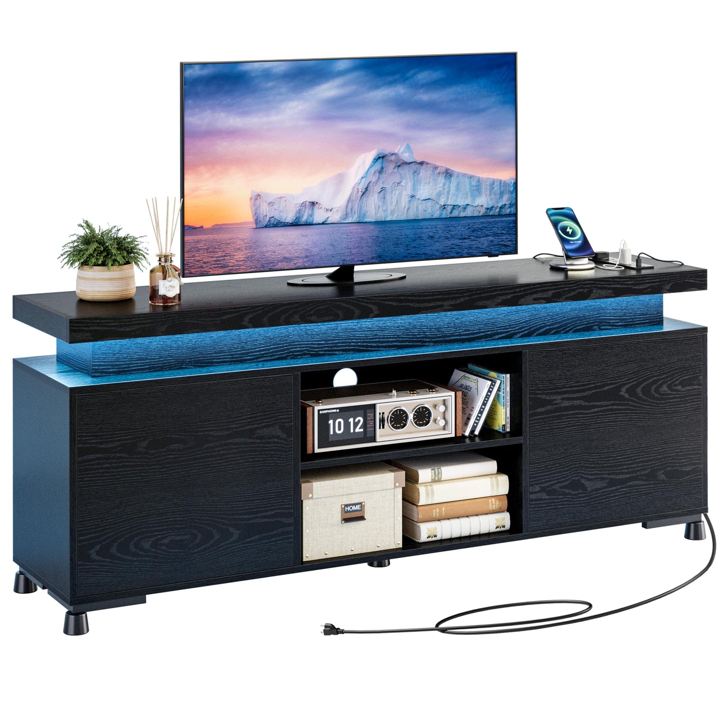 IRONCK TV Stands for TVs 65+ Inch with LED Lights and Power Outlet, Modern TV Console Entertainment Center with Storage Cabinet for Living Room