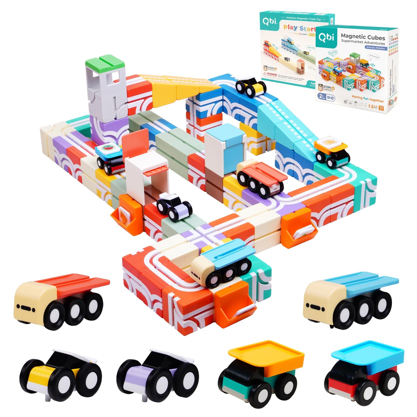 QBI STEM All-in-1 Toy Set with 6 Cars & Fruit Tiles | Open Ended Educational Sensory Magnet Cubes | Montessori Toys, Magnetic Building Blocks for Boys & Girls (68 Pieces)