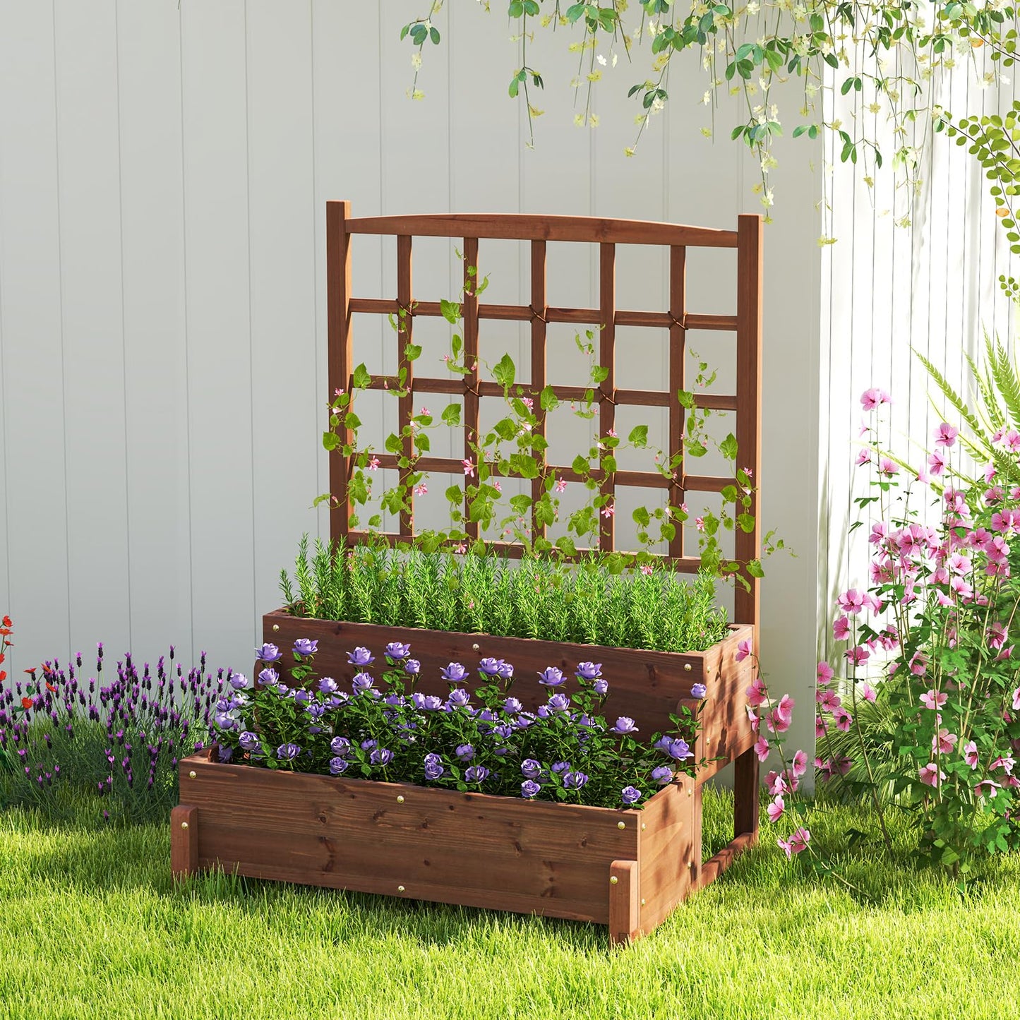 Giantex Raised Garden Bed with Legs and Trellis, 2-Tier Standing Planter Box with Drain Holes, Outdoor Elevated Garden Trellis for Vine Climbing, Flower Vegetable Fruit Herb Growing, Rustic Brown