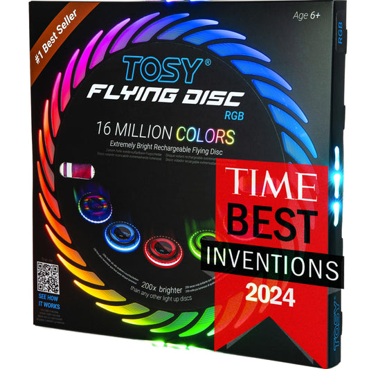 TOSY Flying Disc - 16 Million Colors RGB, Extremely Bright, Smart Modes, Camping Essentials for Teens/Kids/Adult/Men/Boys/Girls, Auto Light Up,Rechargeable, Waterproof, 175g