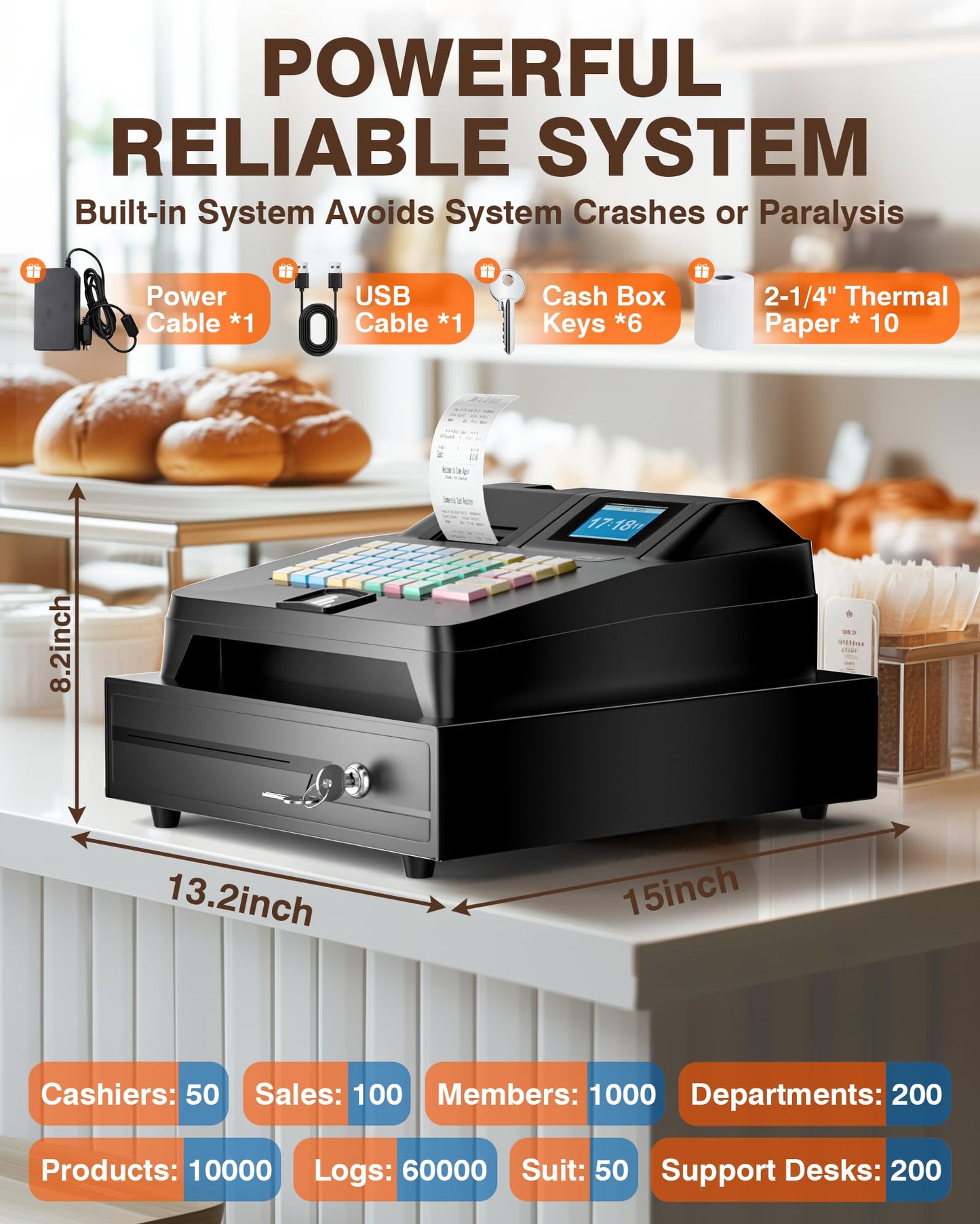 PYY Cash Register for Small Businesses - Electronic Commercial Caja Registradora para Negocio with Black Locked Cash Drawer Box, 8 Digital Dual Display, 48 Keys, Restaurant Supermarket Retail System