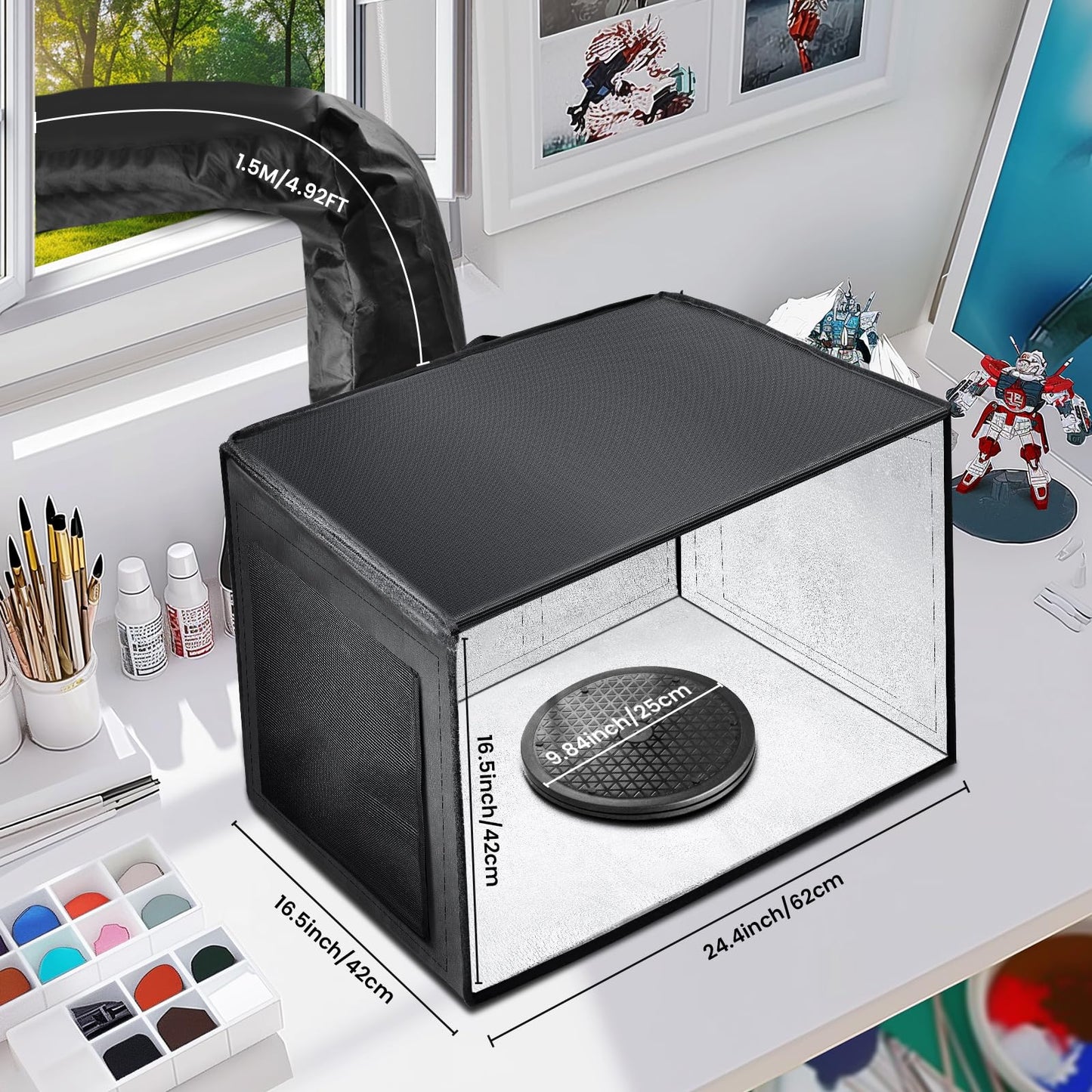 Airbrush Spray Booth with Dual Exhaust Fans,Portable Airbrush Paint Booth for Airbrushing,2 Round Led Lights with 360° Coverage,Turntable and Extension Hose,Hobby Spray Booth Kit for Painting Model
