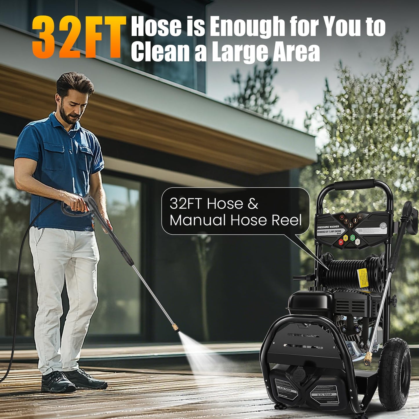 Professional 4200PSI 4GPM 212CC Gas Pressure Washer, 7.0 HP Commercial Gas Power Washer with 3L Foam Bottle 10" Wheels 5 Nozzles 33FT Hose for Home Car Fence Driveway Yard (EPA/CARB/ETL Compliant)