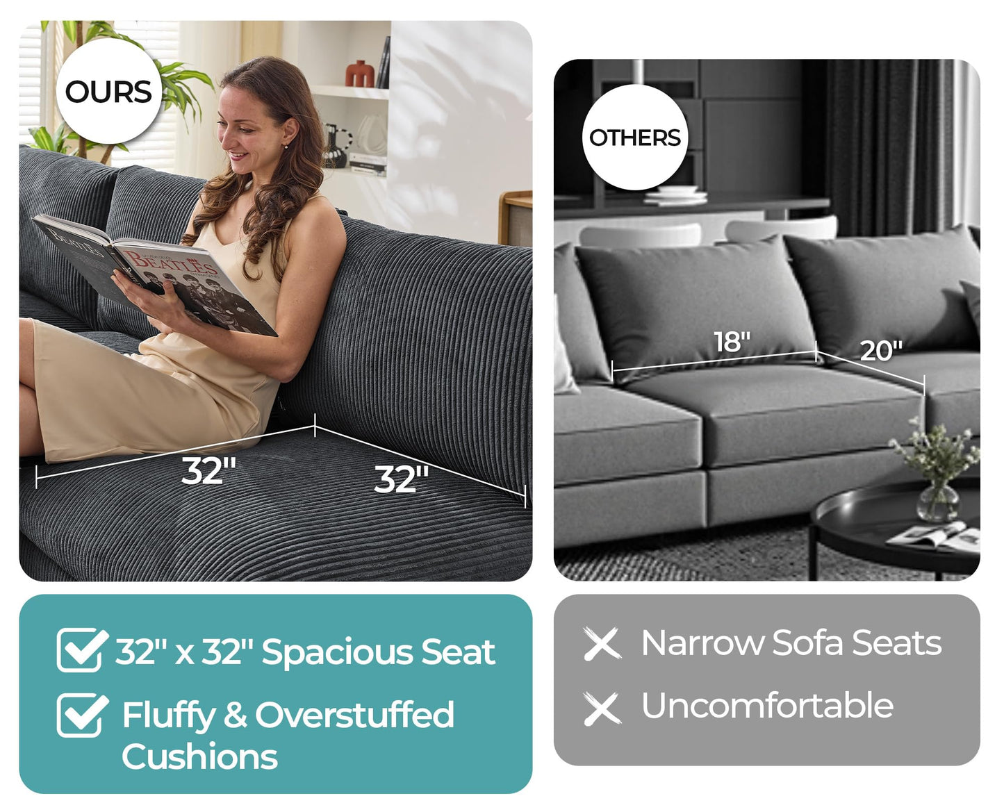 Jocisland Oversized Modular Sectional Sofa with 32" Deep Seat, 6 Seater Sectional Couch, Modular Sofa for Living Rooms, Tool-Free Assembly, Flexible Modular Couch Layout-Corduroy Gray