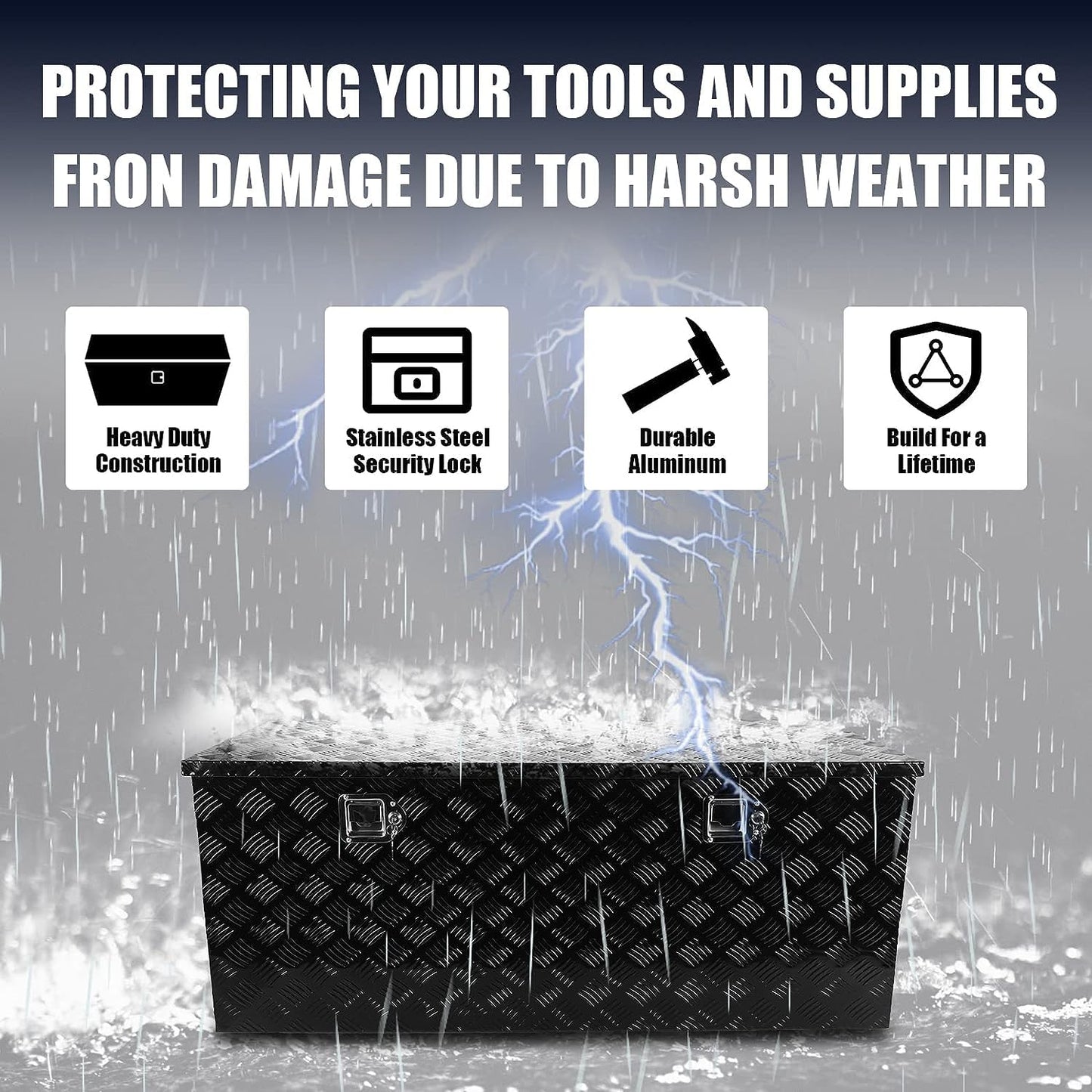 confote 48 Inch Heavy Duty Aluminum Stripes Plated Tool Box Pick Up Truck Bed RV Trailer Toolbox Square Storage Organizer with Side Handle, Lock and Keys, Waterproof -48"x 19.5"x 17.5"，Black