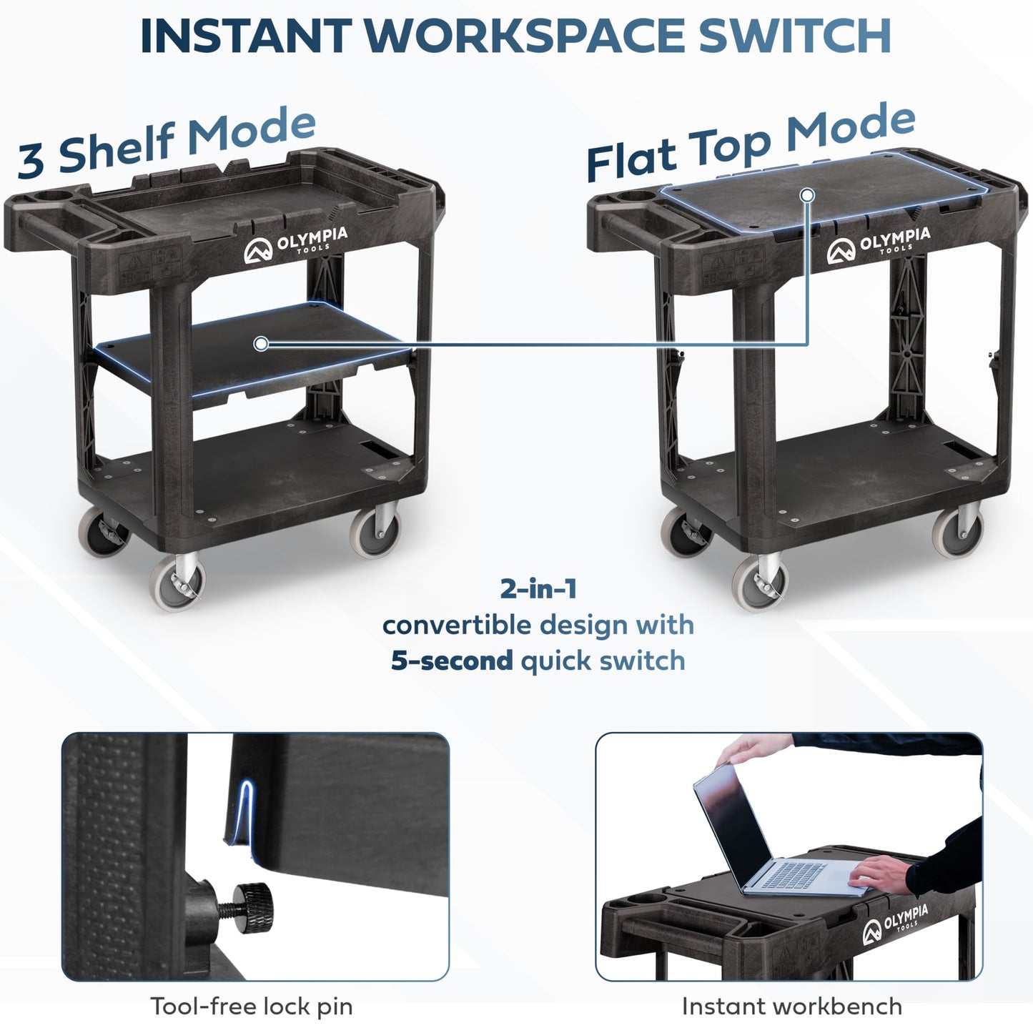 Olympia Tools Convertible Utility Cart - 660 lbs Heavy Duty Plastic HDPE, 10 Tool Slots, 5'' Locking Swivel Wheels, Ladder Hook | 3 Shelf to Flat Top Workstation | Industrial & Maintenance Work Carts